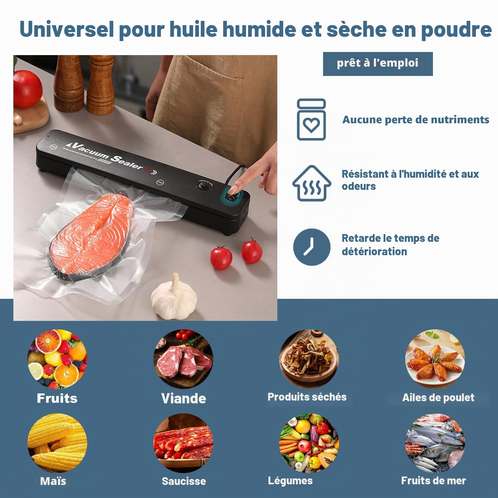 Scelleur alimentaire sous vide avec 10 PCS sacs de scellage Sacs de conservation réutilisables pour la cuisson sous vide, anti-fuite et résistant à l'humidité