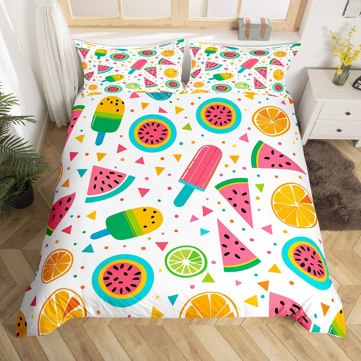 Bunte Popsicle Frucht 135x200 Bettbezug,Nette Orange Wassermelone Bettwäsche Set für Kinder Mädchen Jungen,Kawaii Essen Thema Bett Set Regenbogen Polka Dot Geometrische Bettbezug (Kein Tröster)