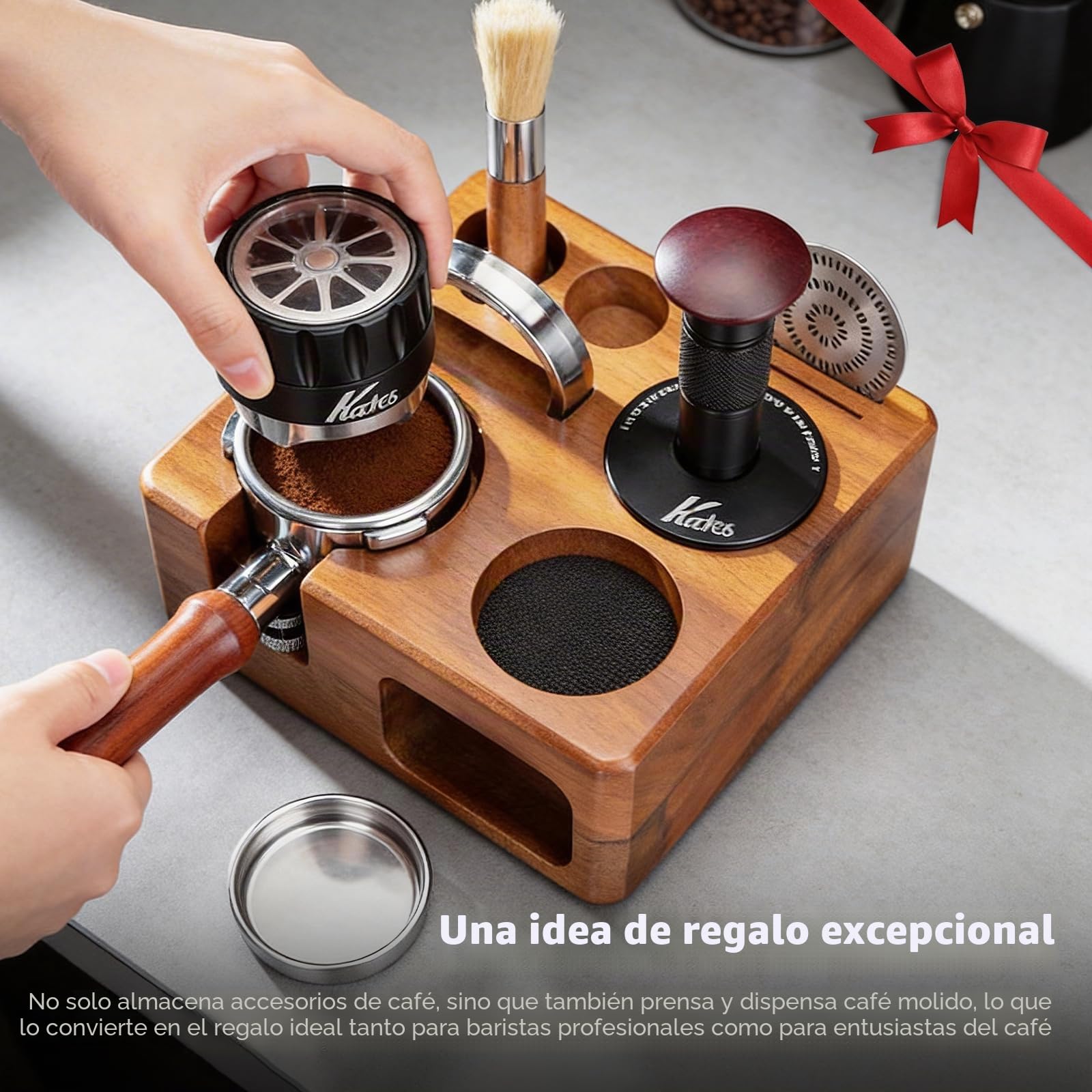 Estación de Tamping 58mm, Base para Prensar Café con Almacenamiento | Soporte Portafiltro Antideslizante para Barista, Accesorios Espresso con Organizador de Herramientas