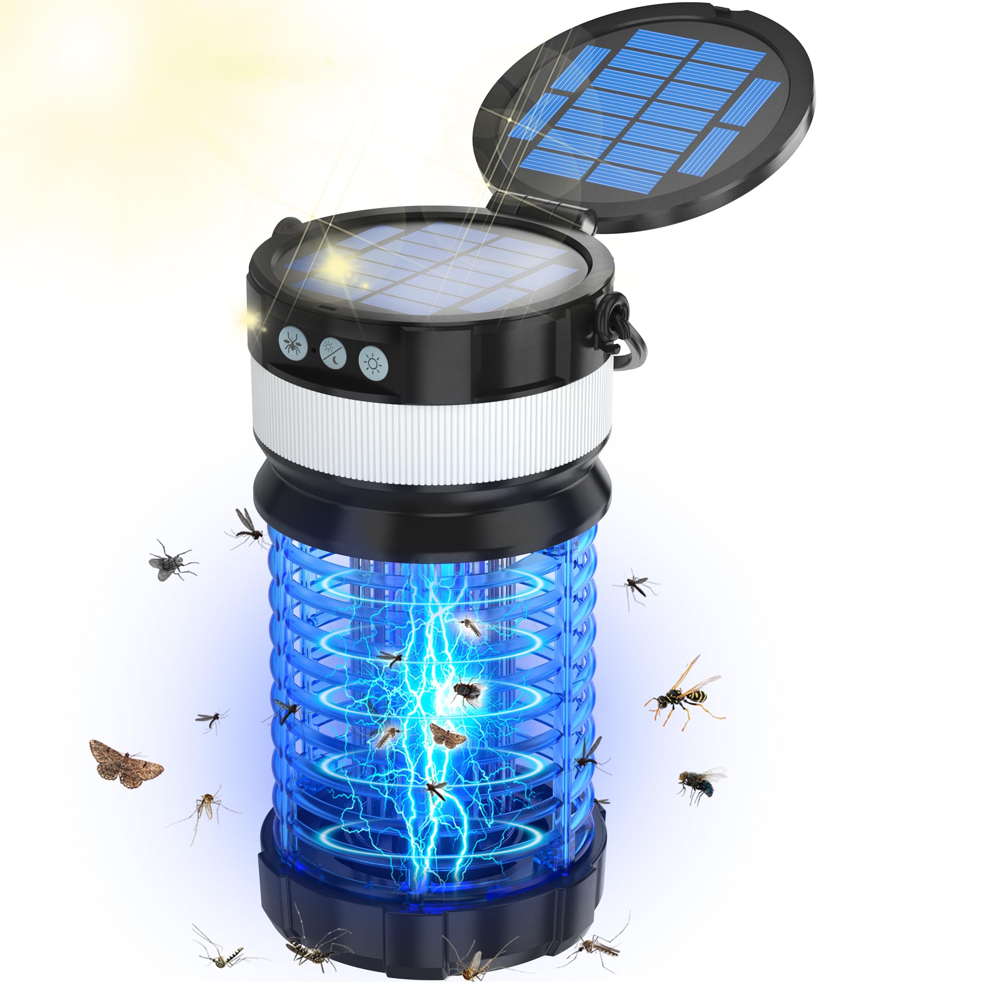 Solar Bug Zapper for Outdoor Indoor, USB-C Rechargeable Mosquito Killer,4800V High Powered Gnat Fly Traps with Reading Lamp,IP66 Waterproof Mosquito Zapper,No Need to Replace The Bulb
