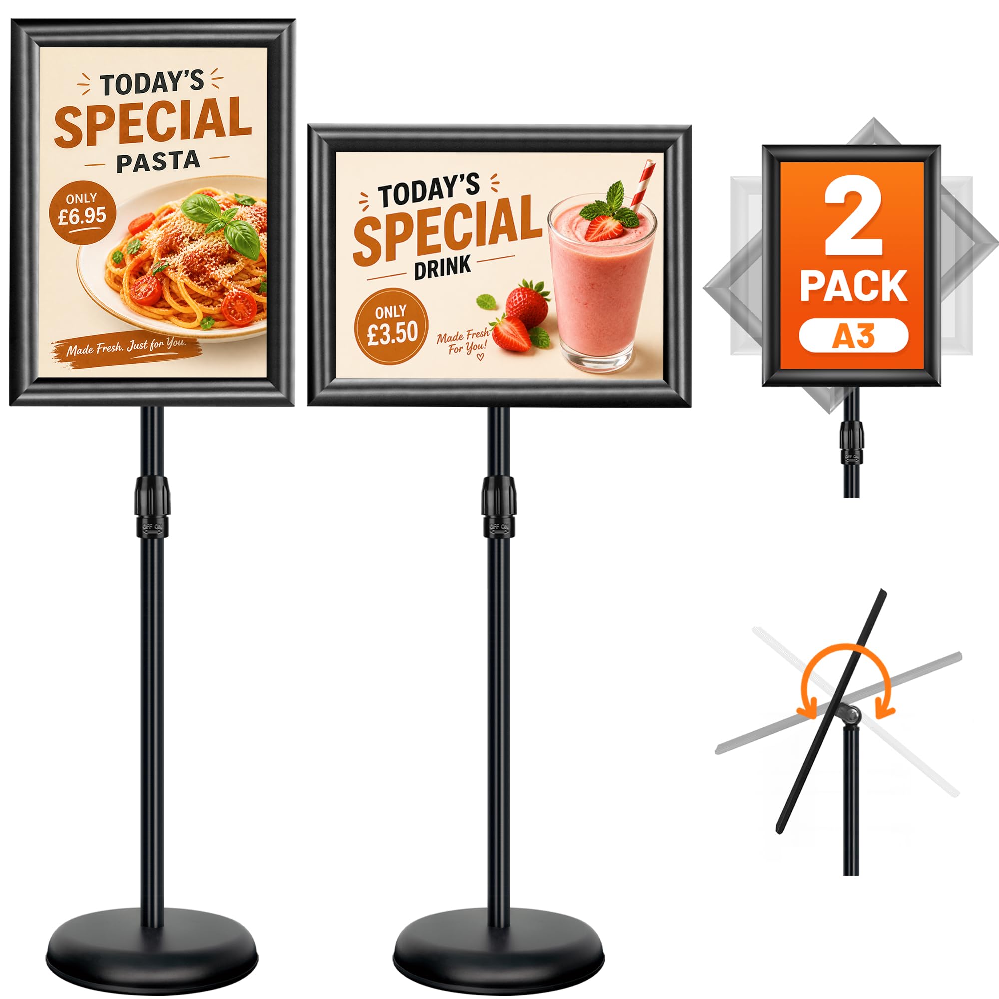 A3 Sign Stand 2Pack Adjustable Poster Stand, Aluminium Sign Holder Floor Standing for Display Advertising, Signage, Menu, Poster, Notice - Display Holders for Restaurant/Business/Wedding/Event, Black