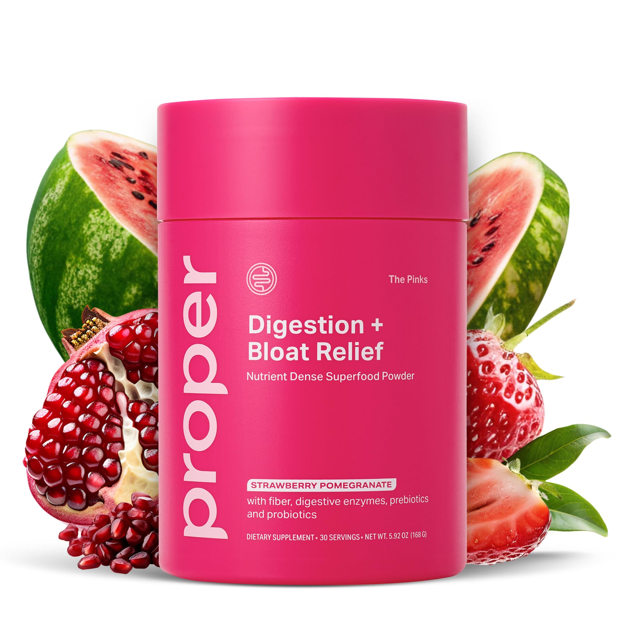 Proper, The Pinks Digestion and Bloat Relief. Drink Mix with Gut Health Probiotics, Prebiotics, Beet Root & Enzymes for Digestive Support. Bloating and Microbiome Supplement for Women and Men