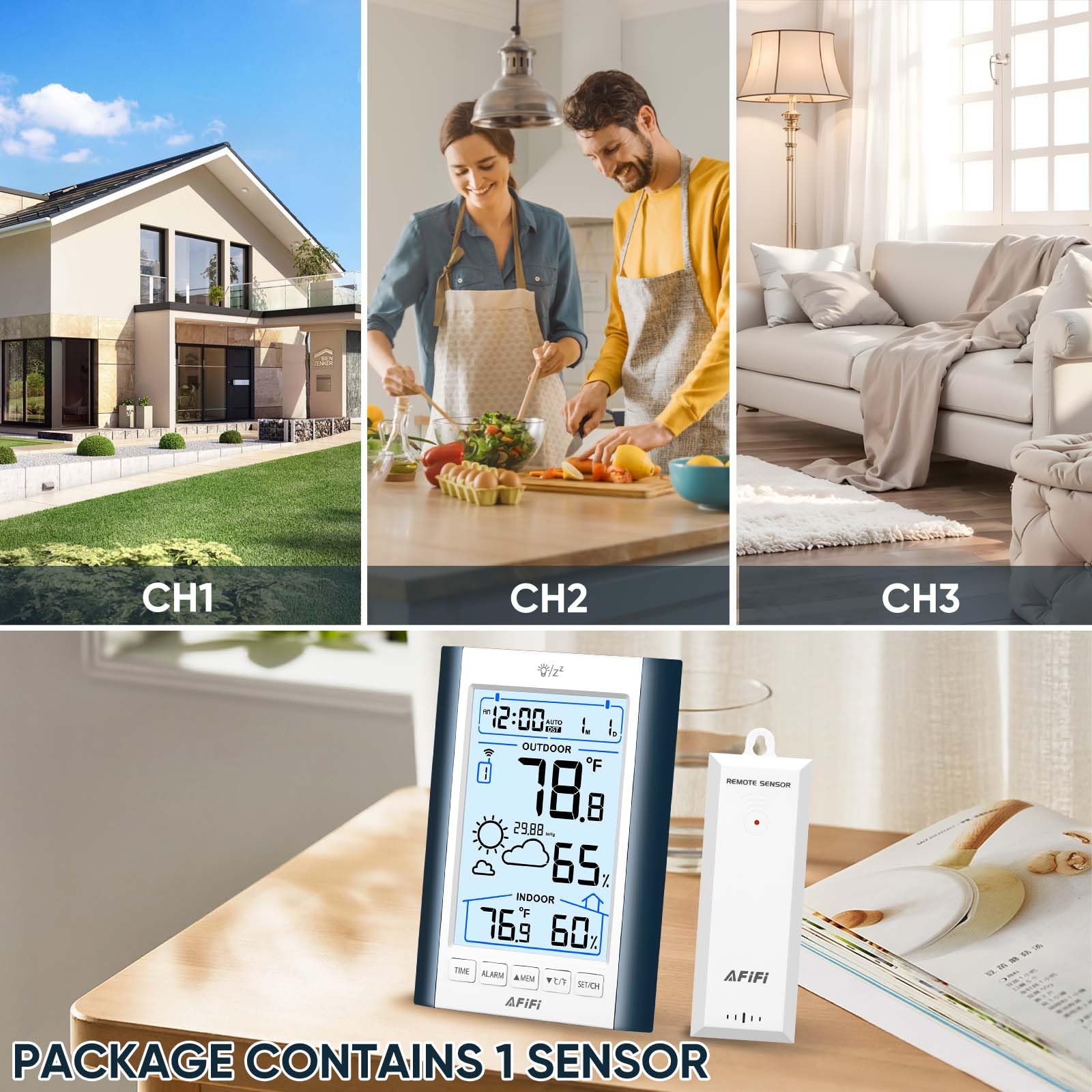 Termometro e igrometro wireless per interni ed esterni, termometri igrometro monitor con sensore remoto da 100,6 m, alimentato a batteria, display retroilluminato, per casa, patio