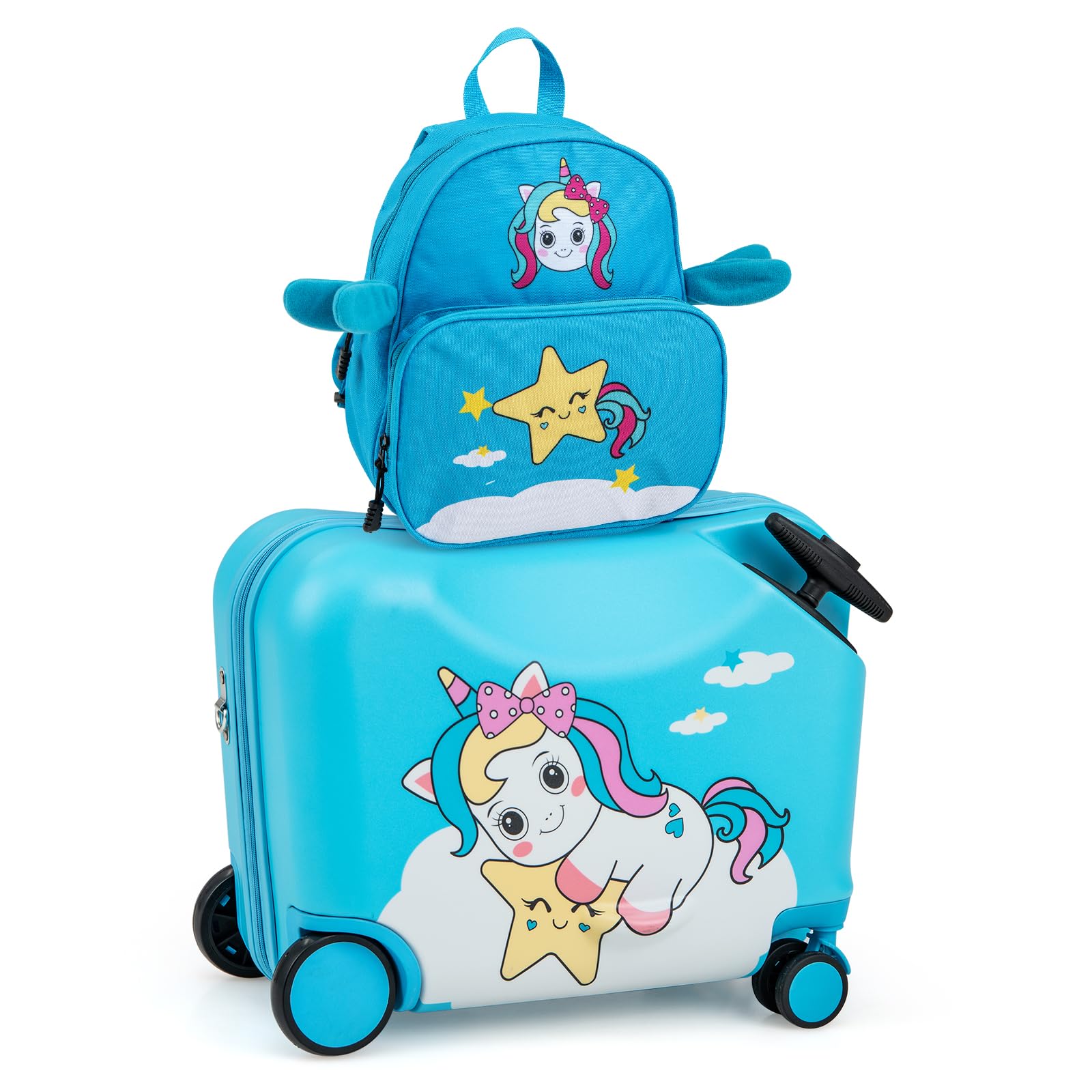 SOARS Juego de Maletas de Viaje Cabina para Niños, Trolley con Ruedas Correpasillo 40L, 18" Maleta con Ruedas + 12" Mochila Infantil con Asa y Correas Ajustables, Multifuncional (Unicornio Azul)