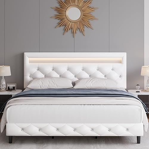 Miniatura 11 de Keyluv Moderno marco de cama Queen tapizado con luces LED, base de cama de piel sintética de bajo perfil, cabecera capitoné ajustable con botones de
