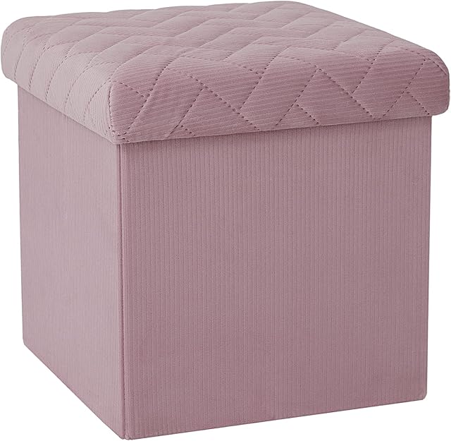 Bonlife Velvet Pink Ottoman with Storage,Foot Rest Stool Seat,Small Folding Storage Ottoman,Footstool and Pouffes for Living Room 32x32x32cm