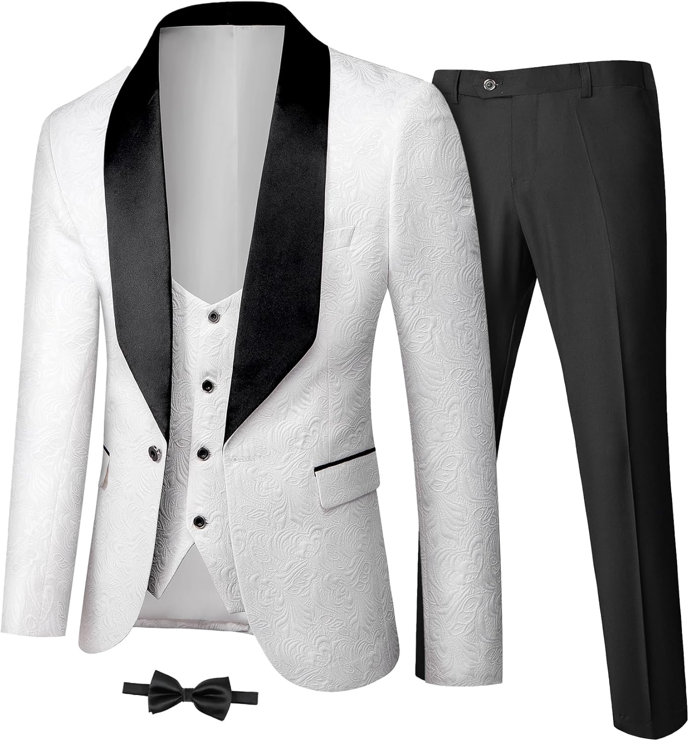 YND Men's 3 Piece Luxury Tuxedo Set, Jacquard Slim Fit Shawl Lapel Jacket Vest & Pants with Bow Tie, Premium Tuxedo for Men