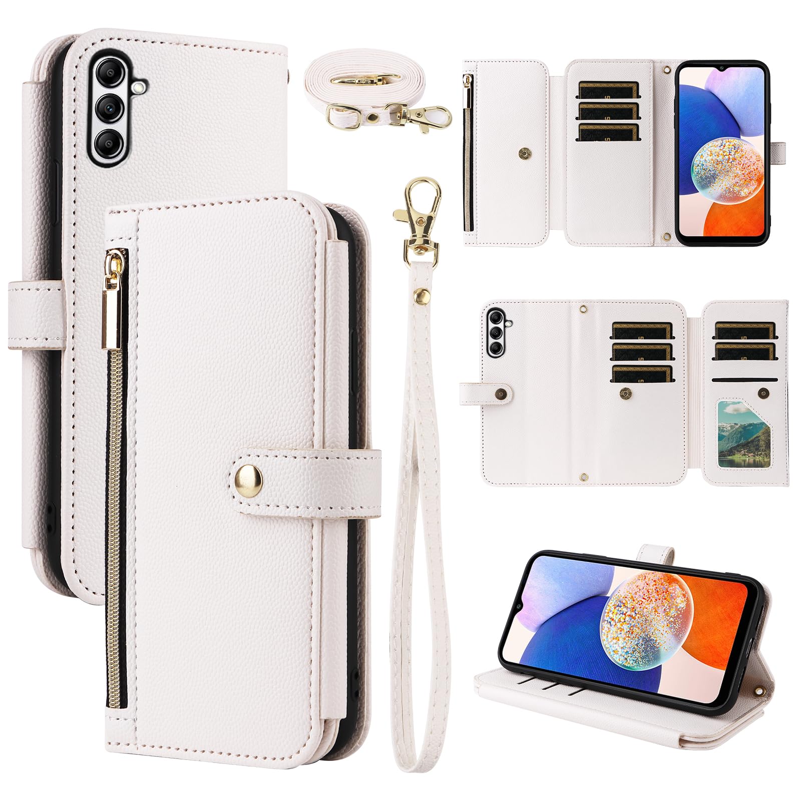 Dswteny Wallet Case for Samsung Galaxy A55 5G with Wrist Strap Shoulder Strap Zipper Purse, Luxury PU Leather Flip Folio Credit Card Holder Stand Cell