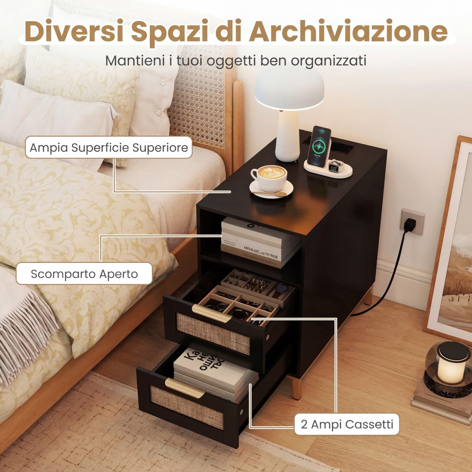 SOARS Comodino con Stazione di Ricarica Integrata, Tavolino da Notte Stile Boho in Rattan, 2 Cassetti & Ripiano Aperto, Piedini in Metallo Robusti, Mobiletto per Camera da Letto (Nero,1)