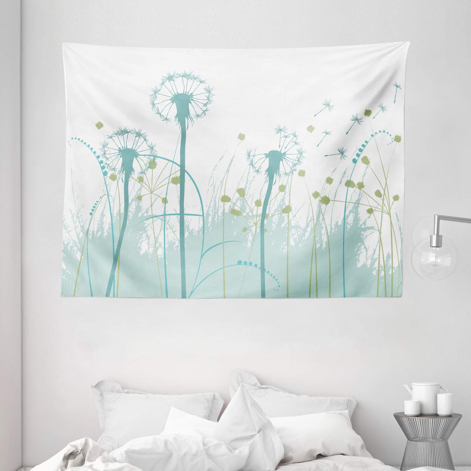 Ambesonne Spring Tapestry, Silhouette Dandelion Floral Foliage Seasonal Blooms Botany Eco Illustration, Wide Wall Hanging for Bedroom Living Room Dorm, 80" X 60", Khaki Green