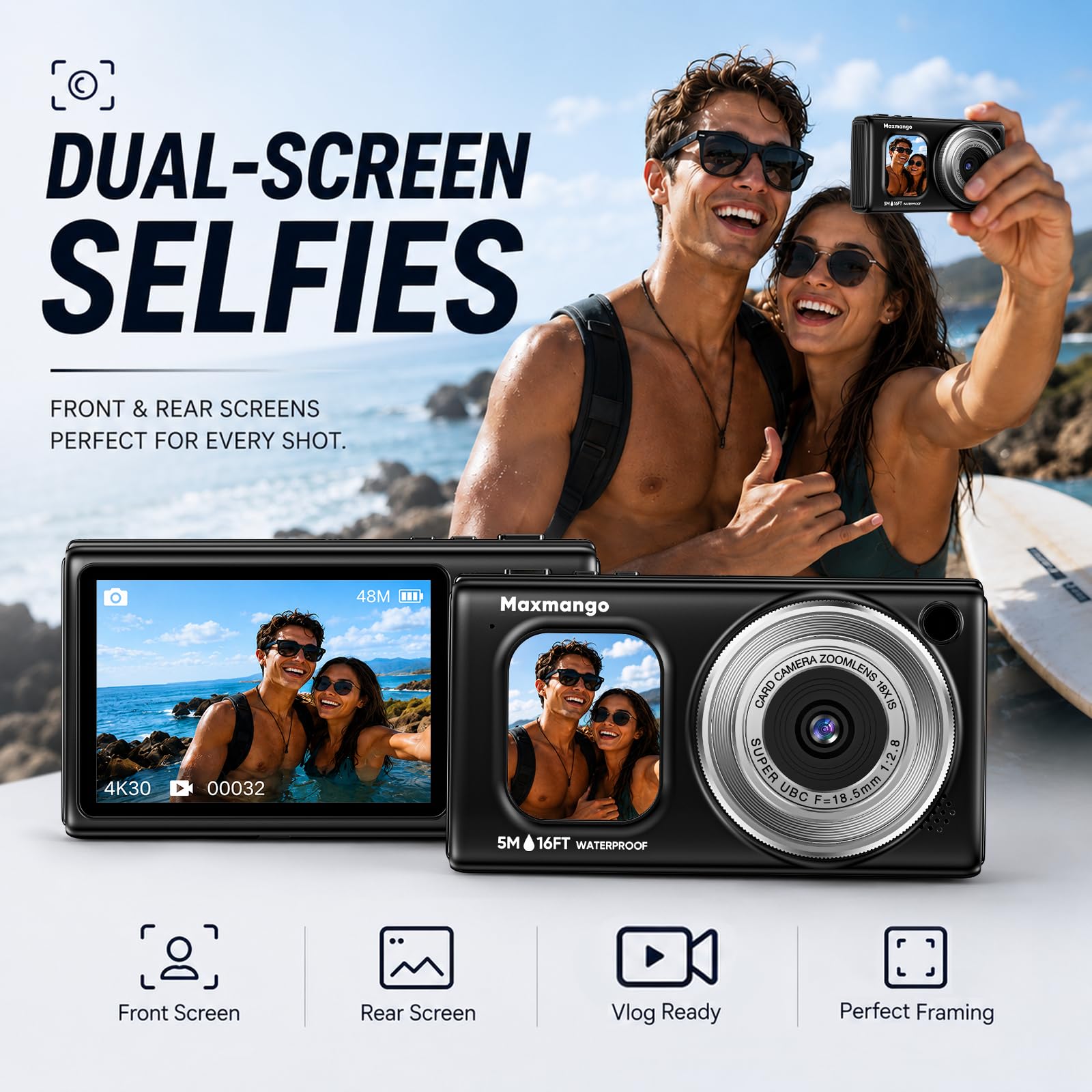 16FT Macchina Fotografica Subacquea, 4K 48MP Batteria Rimovibile 1500mAh | Maxmango D71 Fotocamera Impermeabile con Doppio Schermo, Zoom 18X, Autofocus per Snorkeling e Nuoto Surf, Nero(8GB）