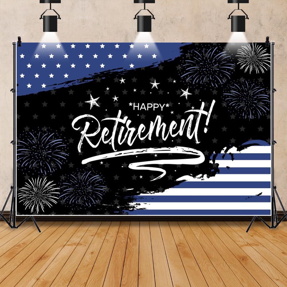 Pnylzzyxh Police Happy Retirement Backdrop Black and Blue Police Theme Party Decorations Blue Line USA Flag Fireworks Congrats Retirement Backdrop