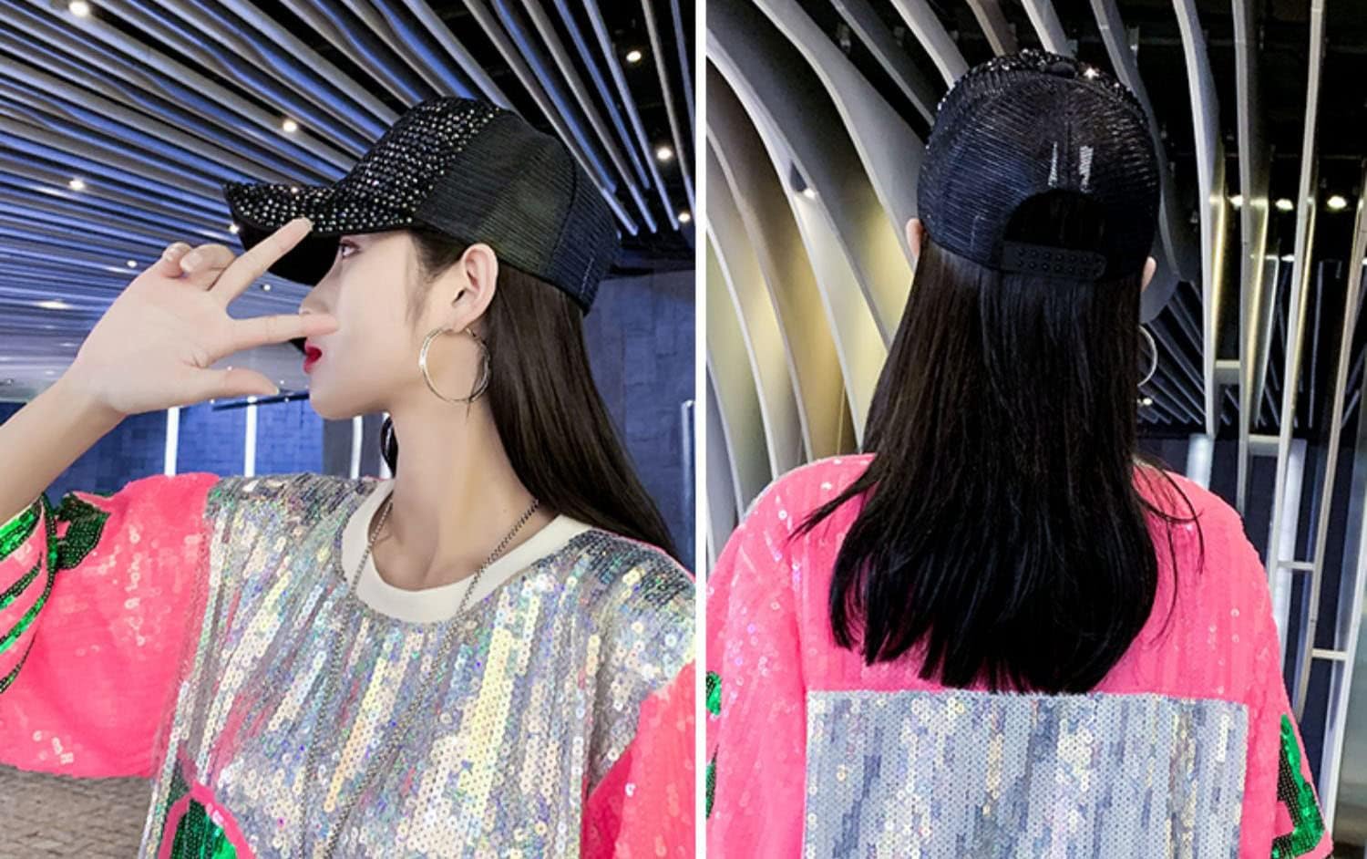 Women Bling Shiny Rhinestones Sun Visor hat mesh Breathable Cap Sparkle Bling Flag Cap Adjustable Baseball Cap - Image 4