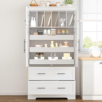 Farmhouse Freestanding Kitchen Pantry,4 Doors Dining Storage Cabinet with Pull-Out Trays, Drawers and Cake Pan Storage Organizer,for Dining Room Living Room White-h