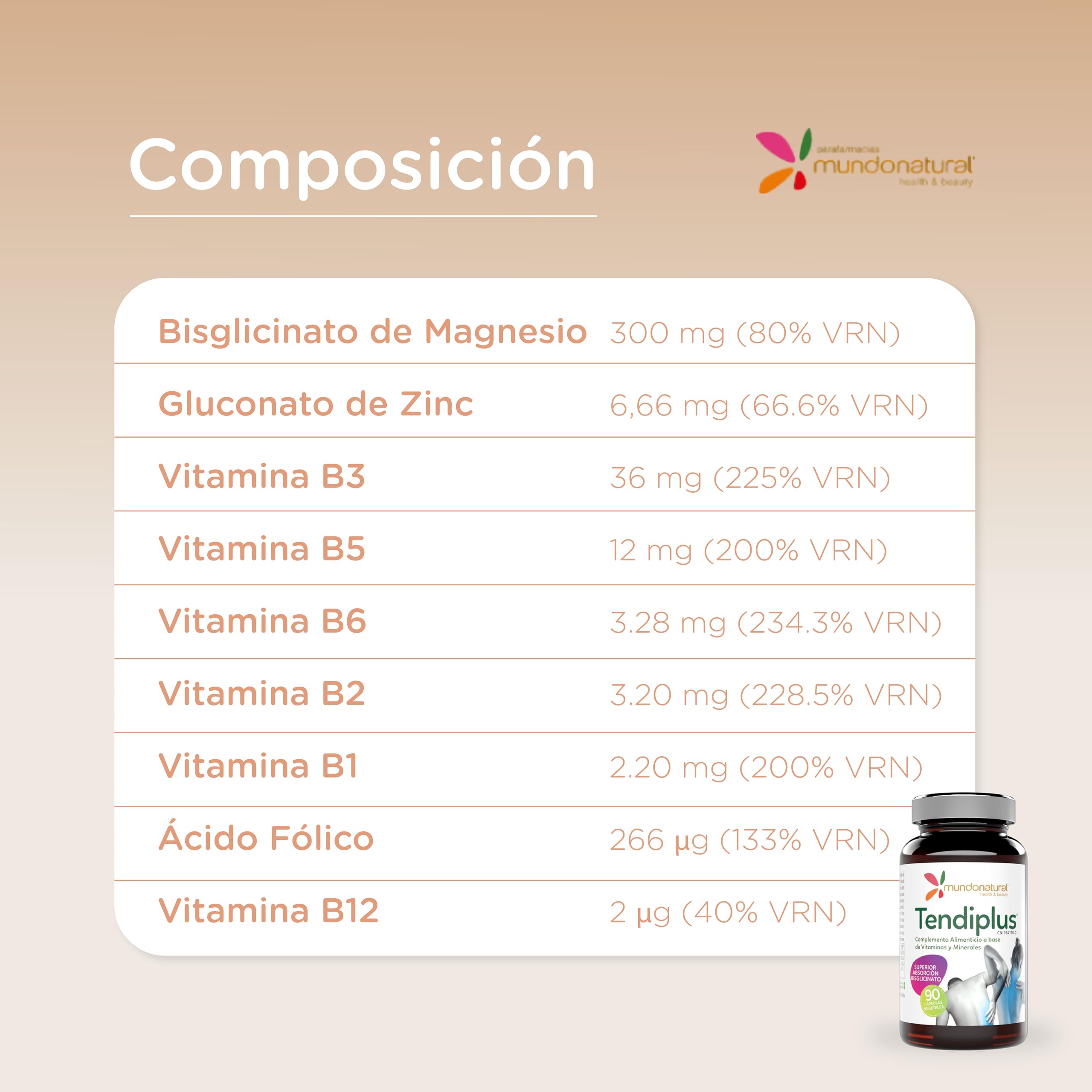 Mundo Natural - Tendiplus | Bisglicinato de magnesio 300 mg + Vitaminas complejo B + Zinc| Suplementos Magnesio, Vitaminas y Minerales