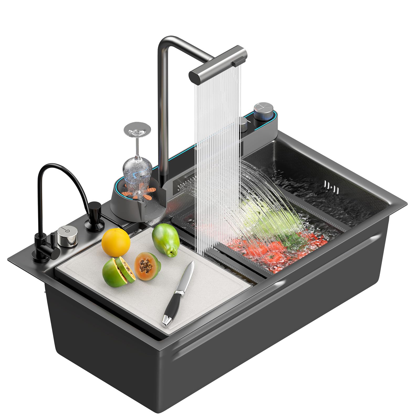 Modern Kitchen Sink Honeycomb Embossed Large Single Bowl Sink，With Digital Pullout Faucet，Cup Wash，Purifying Faucet，Soap Dispenser，Multi-Function Sink （29.5 x 18.1 inch）