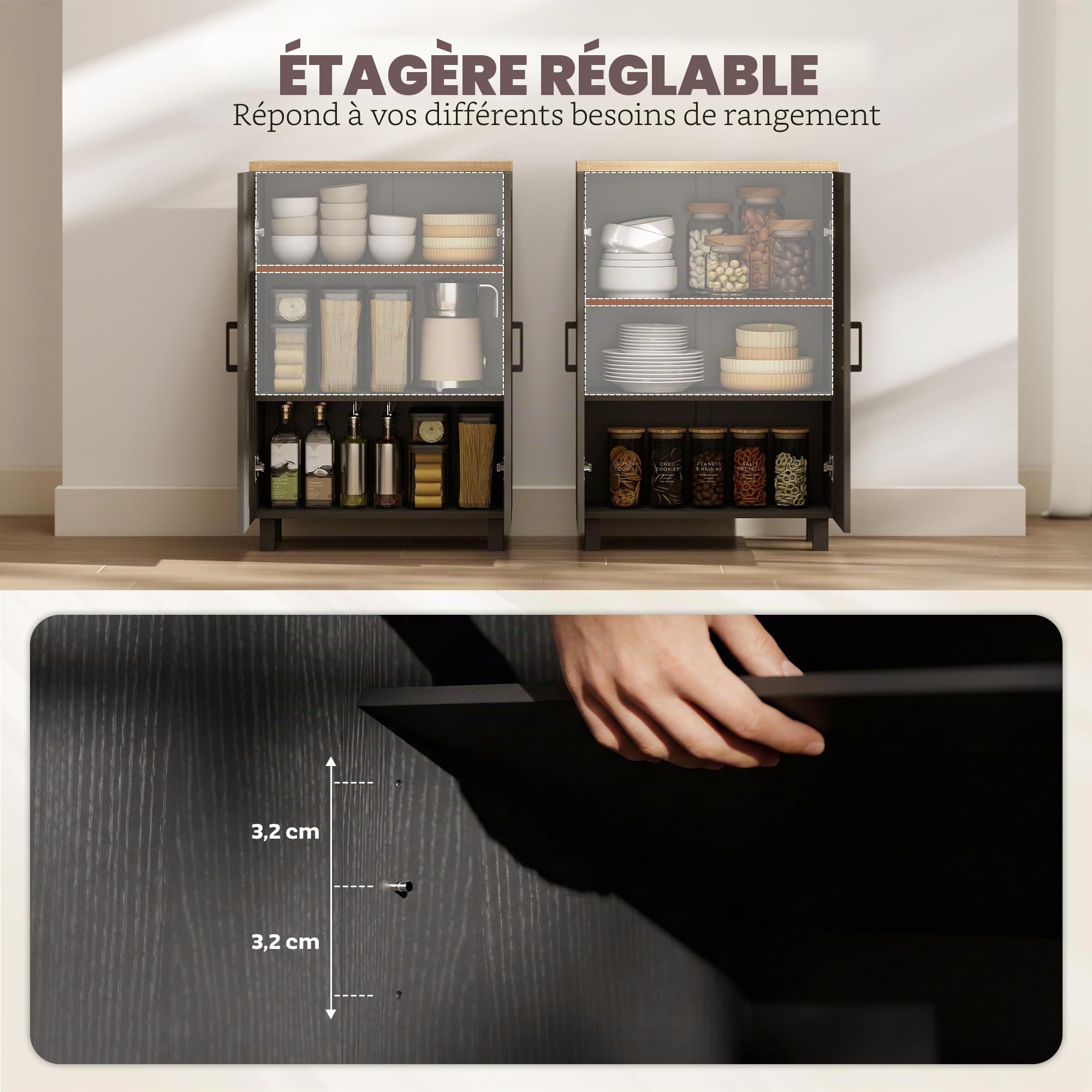 HOMCOM Buffet de Cuisine 2 Portes 60x30x90cm Noir