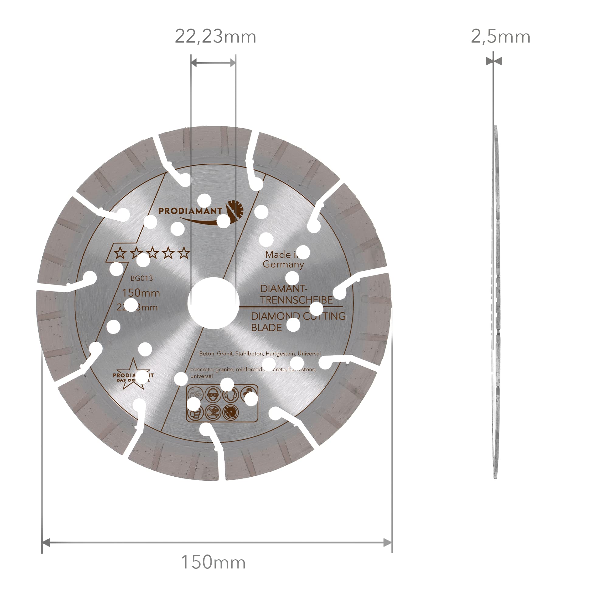 PRODIAMANT Profesjonalna diamentowa tarcza tnąca beton/granit Oxx 150 mm x 22,2 mm diamentowa tarcza do cięcia PDX82.118 150 mm do kamienia naturalnego, produktów betonowych, materiałów o średniej twardości i twardych