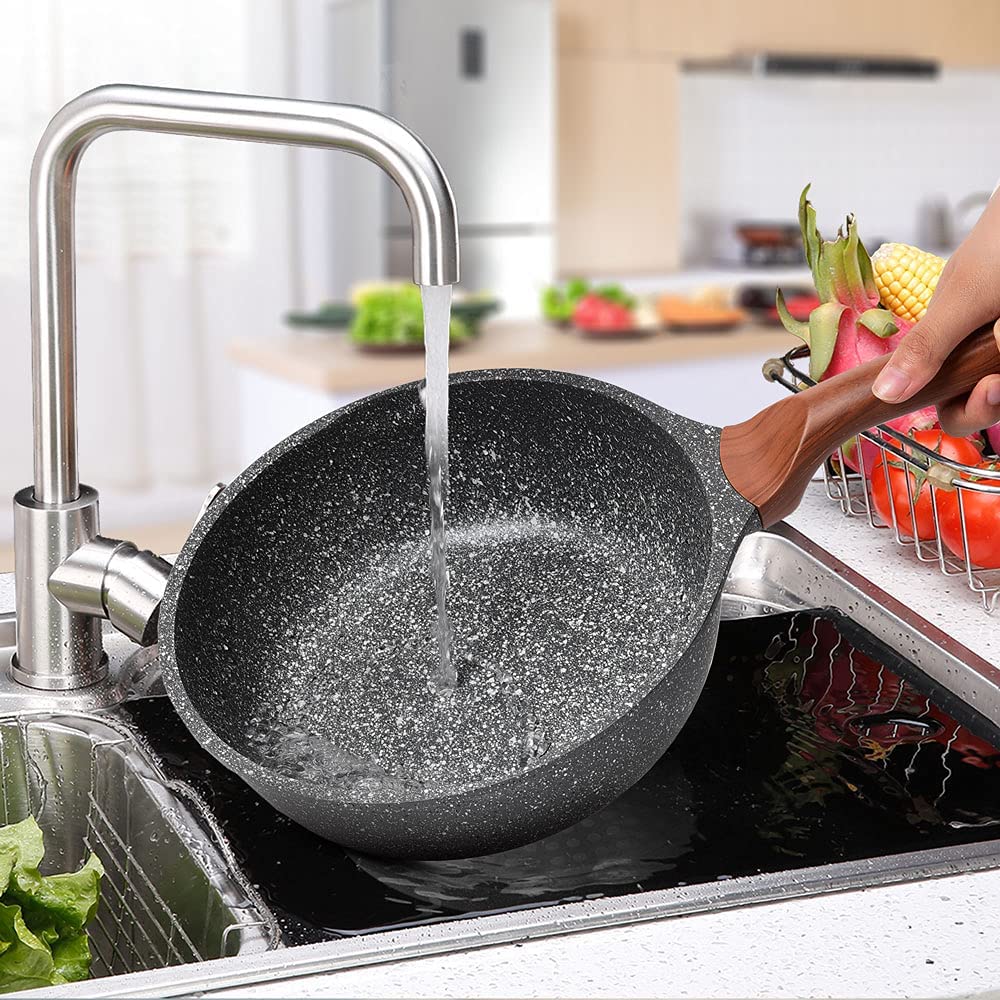 RIOVARM 30cm Sartén honda con tapa, Inducción Antiadherente Sartenes para freír, Granito Sartenes para huevos sin PFOA, Mármol Sartén para Tortilla con mango de baquelita Woodgrain, Apta para Gas