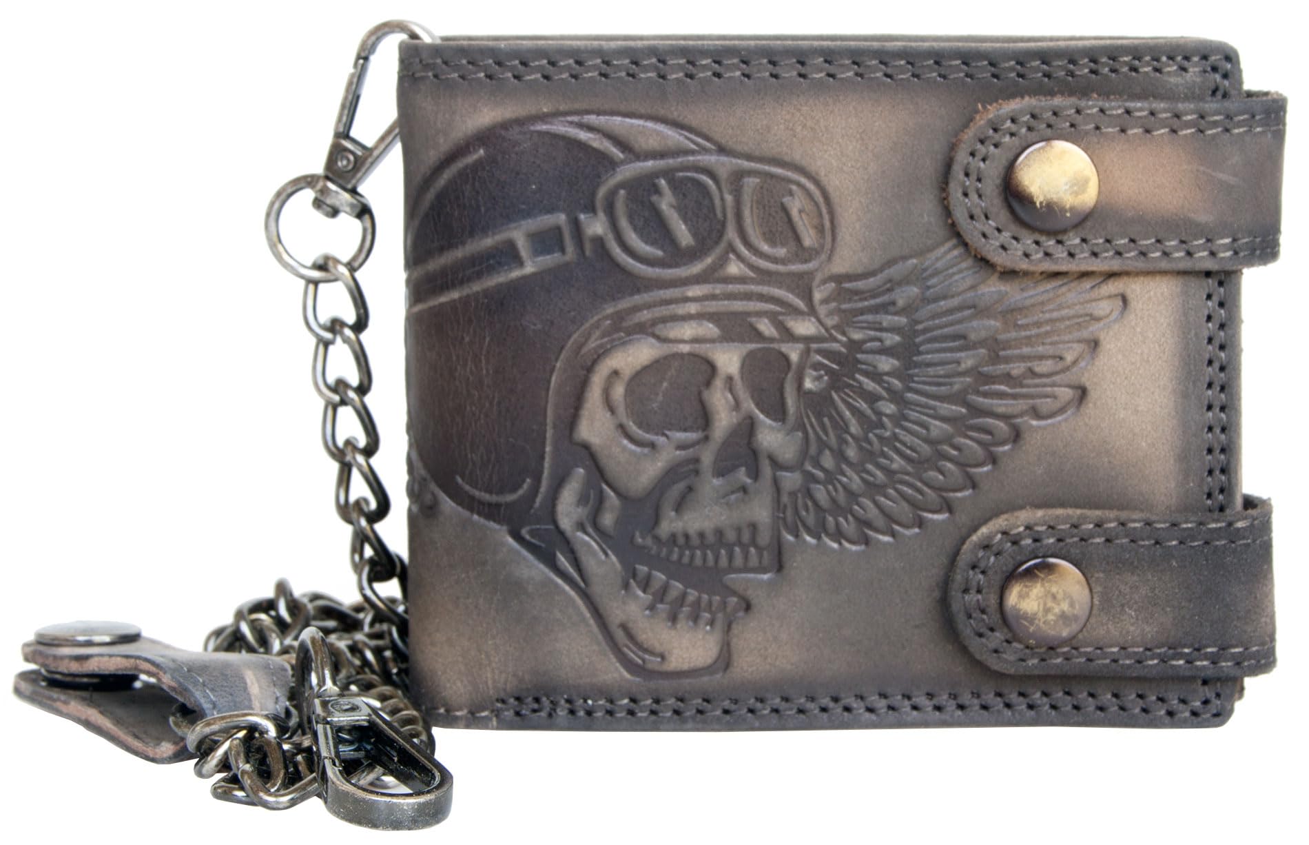 FLW Cartera de moto de piel auténtica gris y marrón con estampado de calavera, cartera para hombre con cadena de metal de 45 cm, mosquetón, trabilla para cinturón y protección RFID