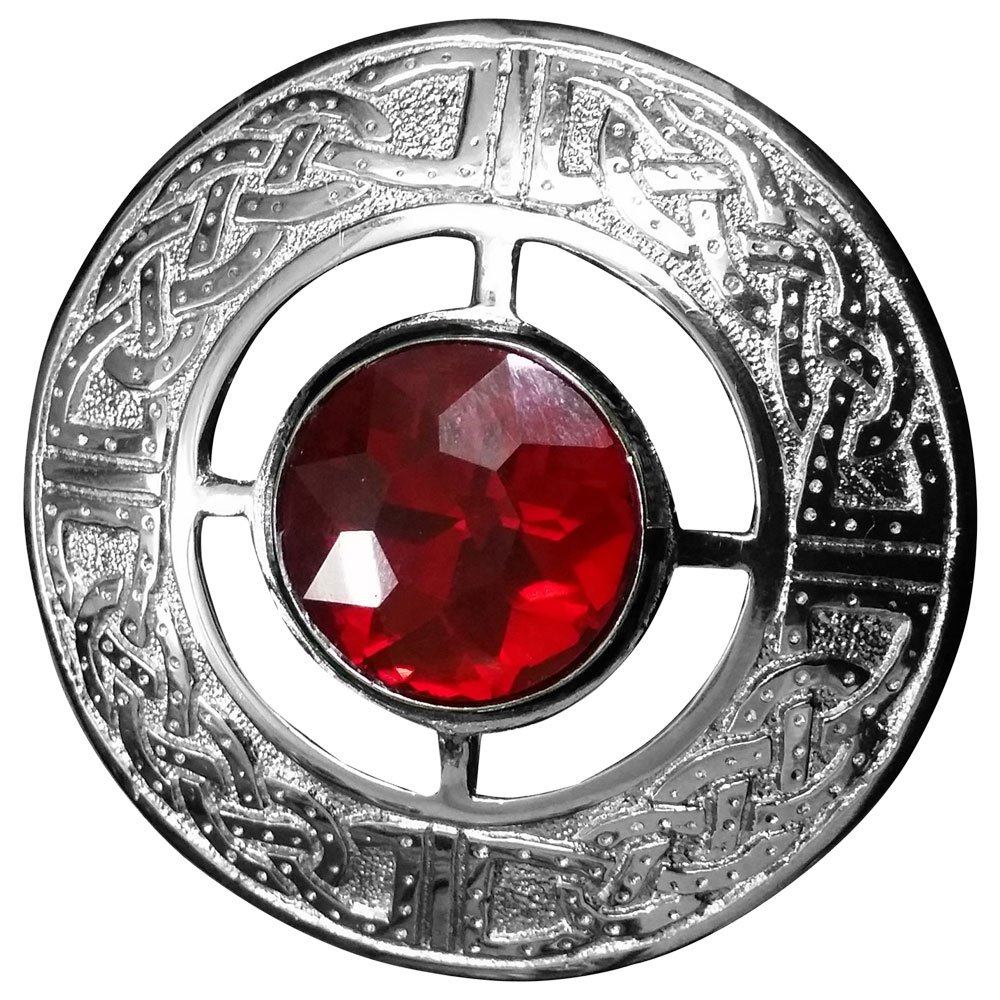 House Of Highland 77 Unisex Red Men's Scottish Celtic Kilt Fly Plaid Brooch Chrome Plated In Various Colour Stones (Red)