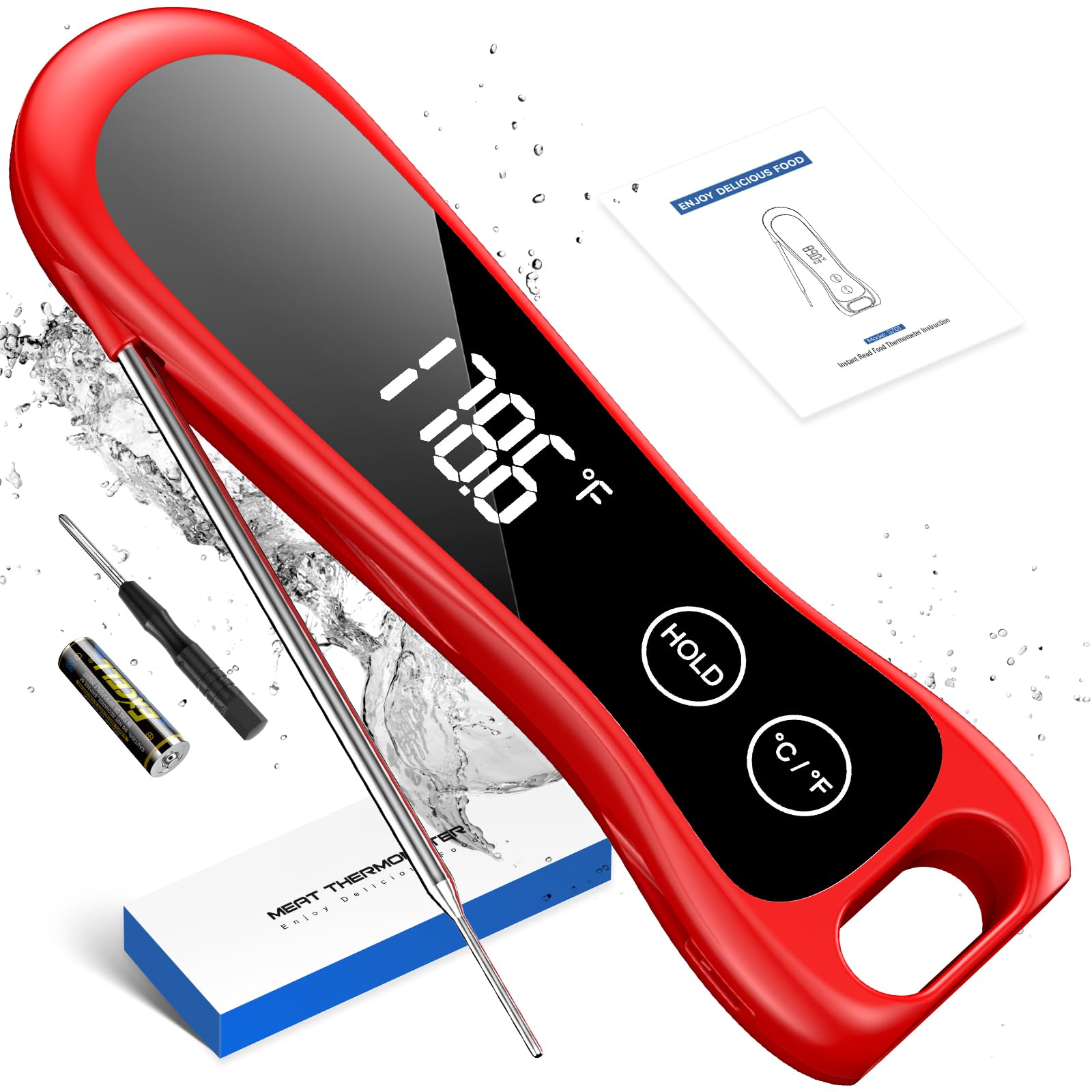 Upgraded Waterproof Instant Read Food Thermometer for Meat,Long Probe Digital Meat Thermometers for Cooking Heating-Resisting,Timeable,Grilling,LCD Sensing Thermometer for BBQ Smoker Fry Candy