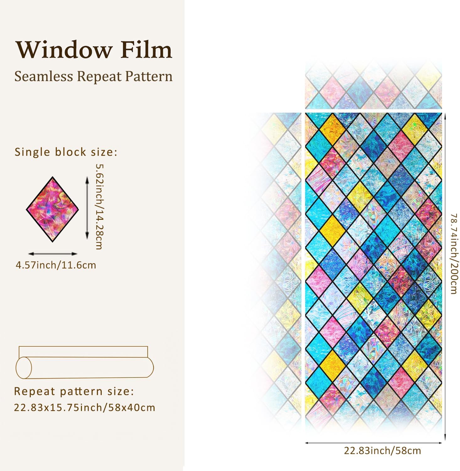 Rainbow Privacy Window Film Stained Glass Decorative Blue Lattice Pattern Suncatcher Iridescent Window Cling for Glass Door with Tool, Rainbow Prism, 22.83" x 78.74"