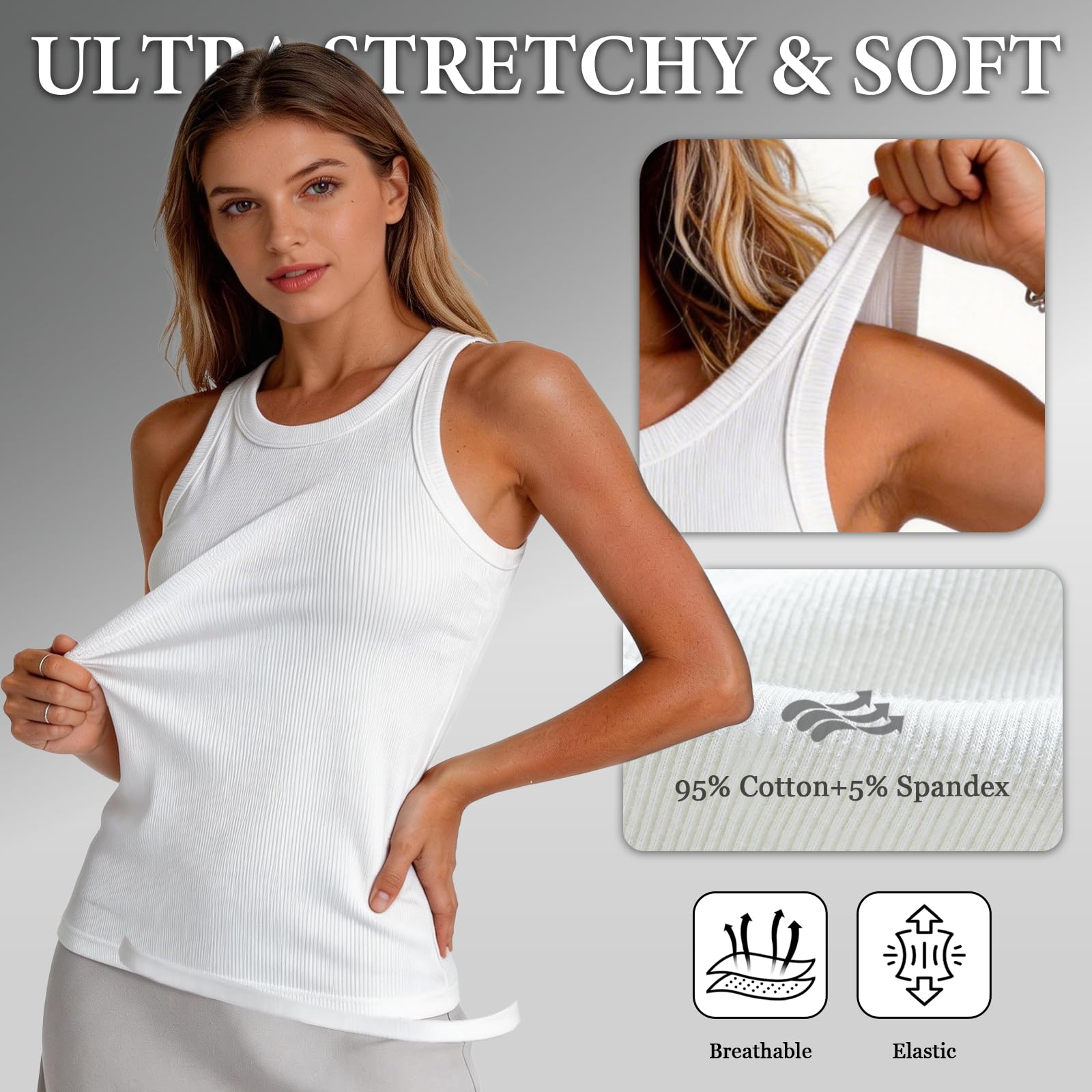 Tank Top Damen mit Integriertem BH, Geripptes Ärmelloses Top mit Rundhals, Weiches Stretch Sommer Oberteil Basic Shirt