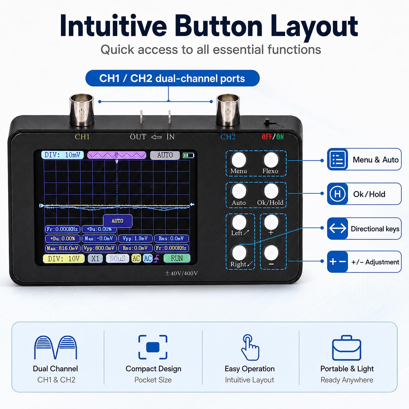 Fyearfly Zweikanal-Oszilloskop, Digitales Oszilloskop-Multimeter 2-Kanal-Tragbarer Signalgenerator 2Mhz Bandbreite Mit LCD-Hintergrundbeleuchtung + Krokodilklemme
