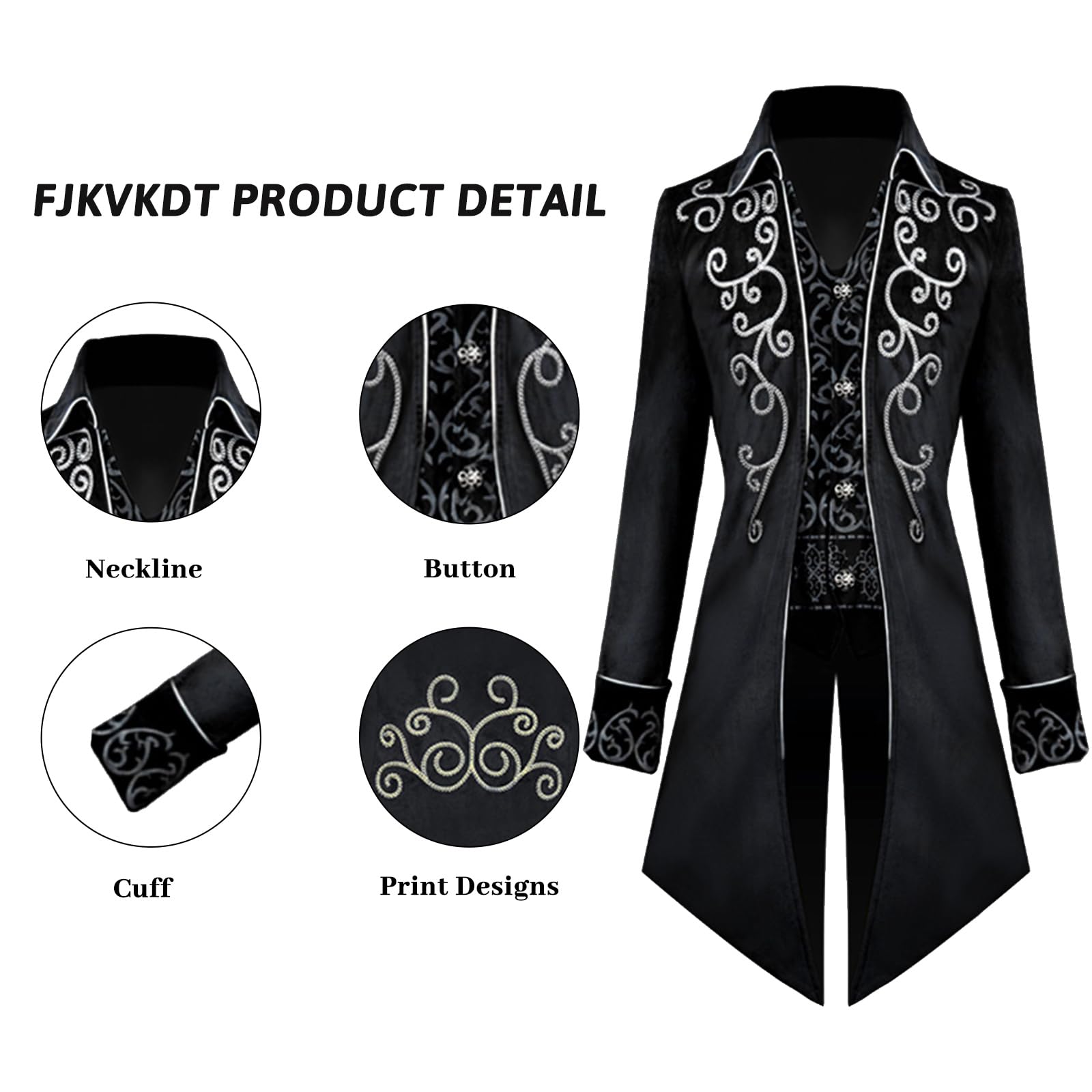 FJKVKDT Men Medieval Steampunk Tailcoat Jacket Male Victorian Renaissance Gothic Retro Coat Halloween Party Cosplay Gentleman Costumes for Adult (Black - Image 3