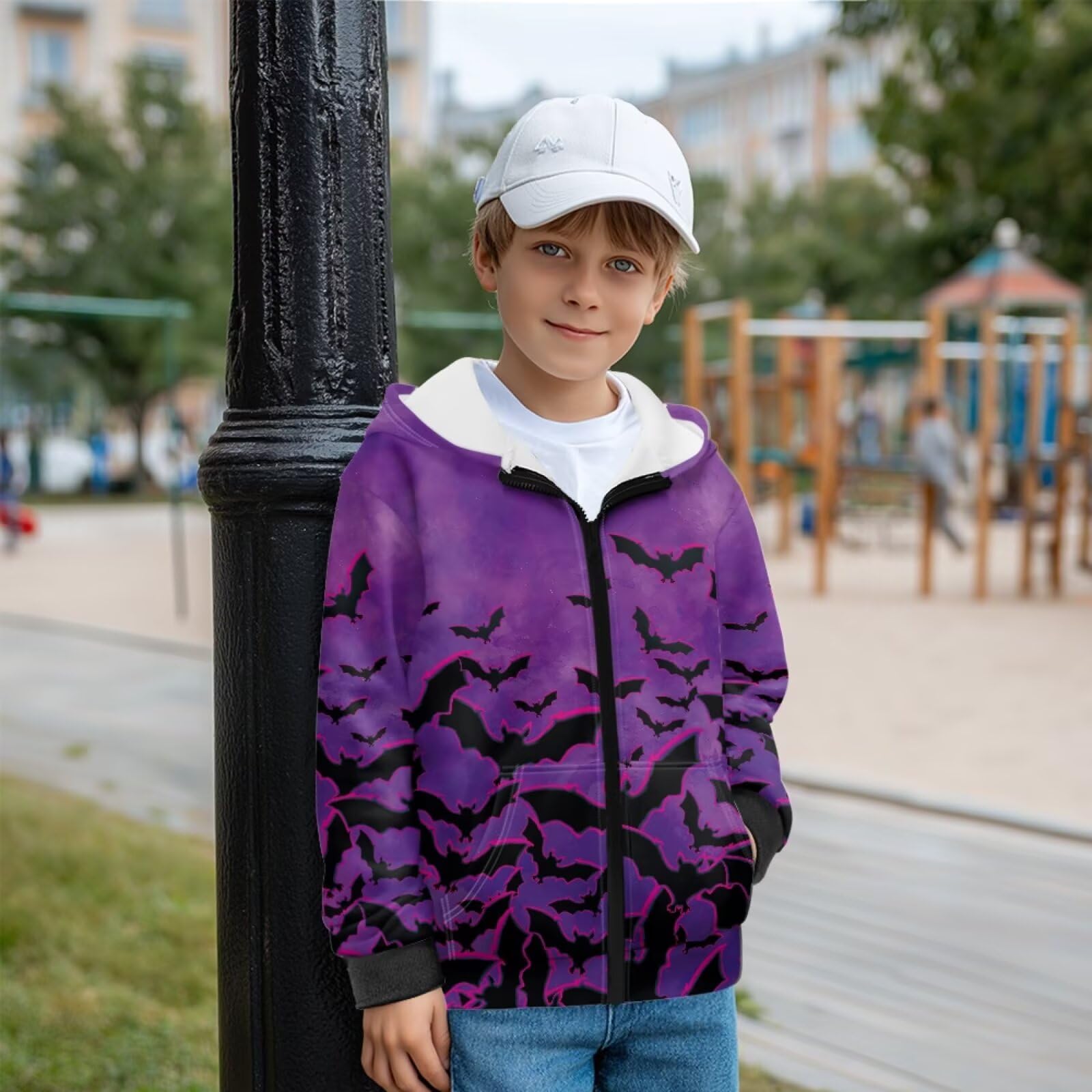Fioletowy nadruk nietoperza dziecięce bluzy z kapturem z pełnym zamkiem błyskawicznym chłopięca przytulna bluza z kieszeniami polarowa bluza z kapturem odzież uliczna do szkoły domu, XL