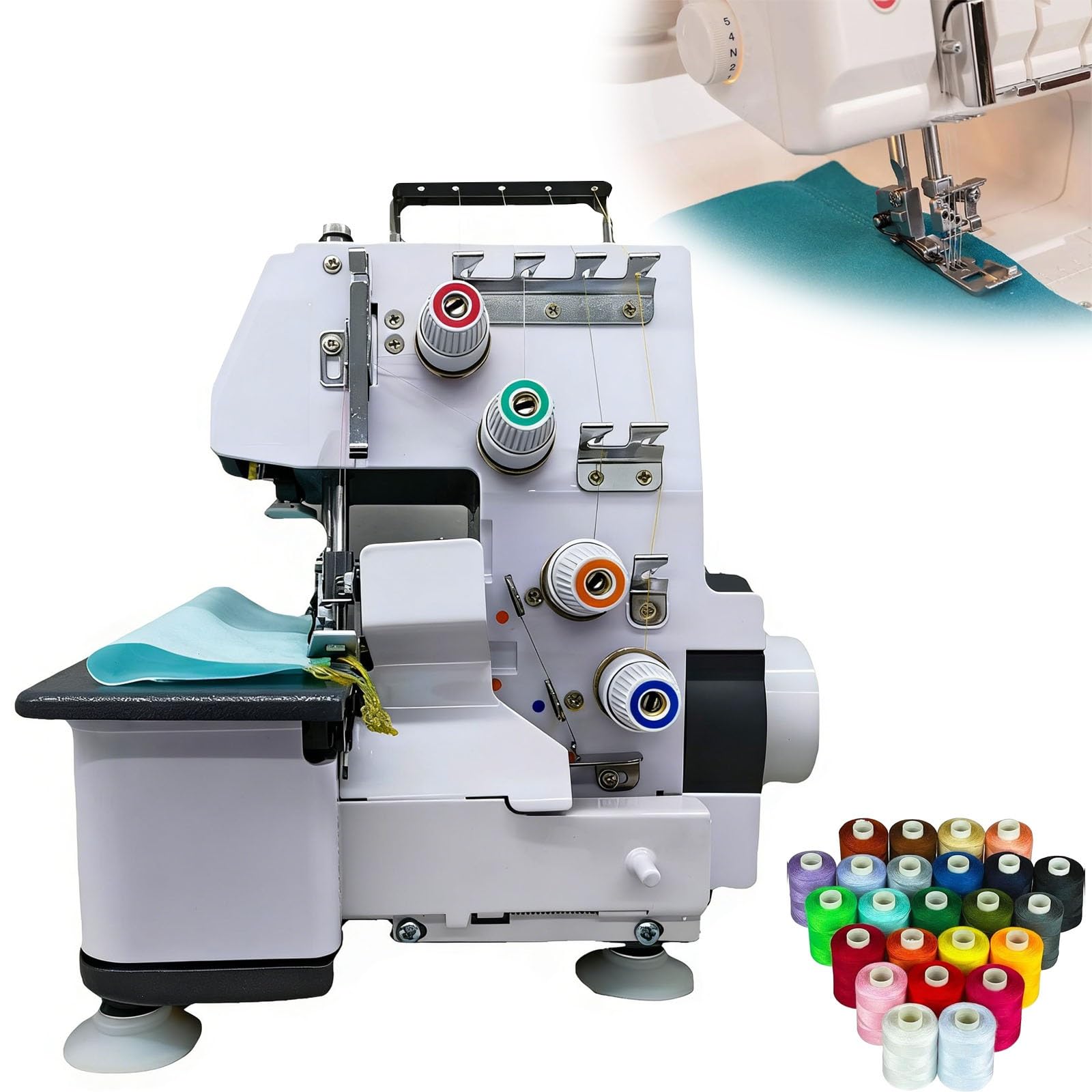 Owerlok 250 W ze światłem LED, elektryczna maszyna do szycia Serger ze sterownikiem nożnym, 4-nitkowa maszyna do szycia, 1500 ściegów/min, szerokość owerloka 4,7–5,7 mm