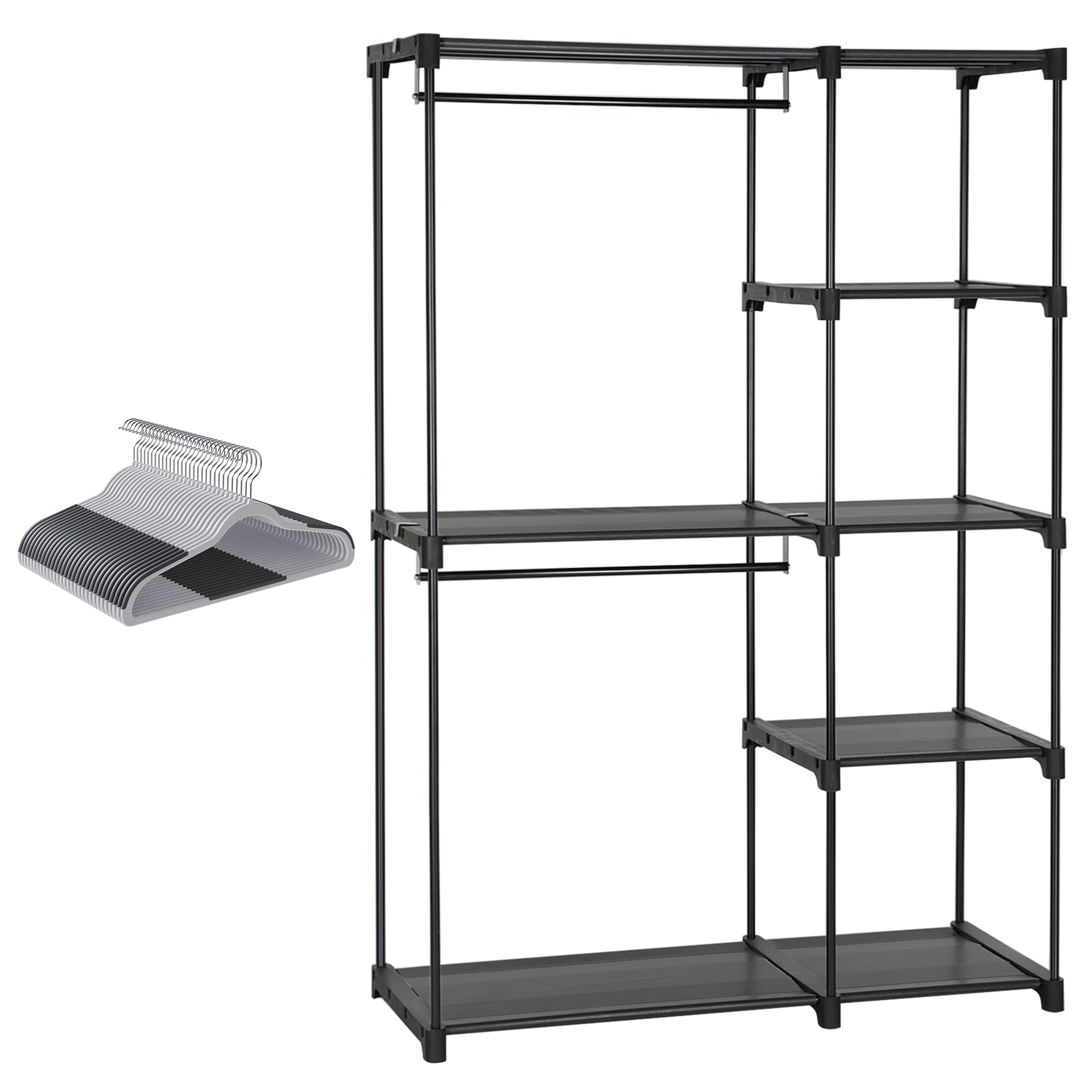 SONGMICS Freestanding Closet Organizer Bundle with Plastic Coat Hangers 50 Pack, with Shelves, Hanging Rods, Black, Light Gray and Dark Gray URYG24BK