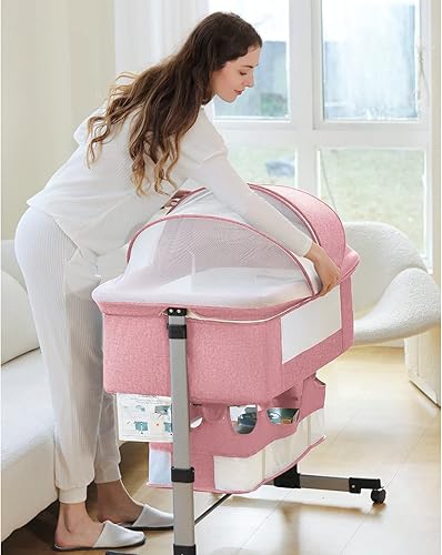 Miniatura 6 de Ihoming Moisés para bebé, cuna lateral con cesta de almacenamiento, cuna plegable fácil, cama ajustable para bebé recién nacido, rosa