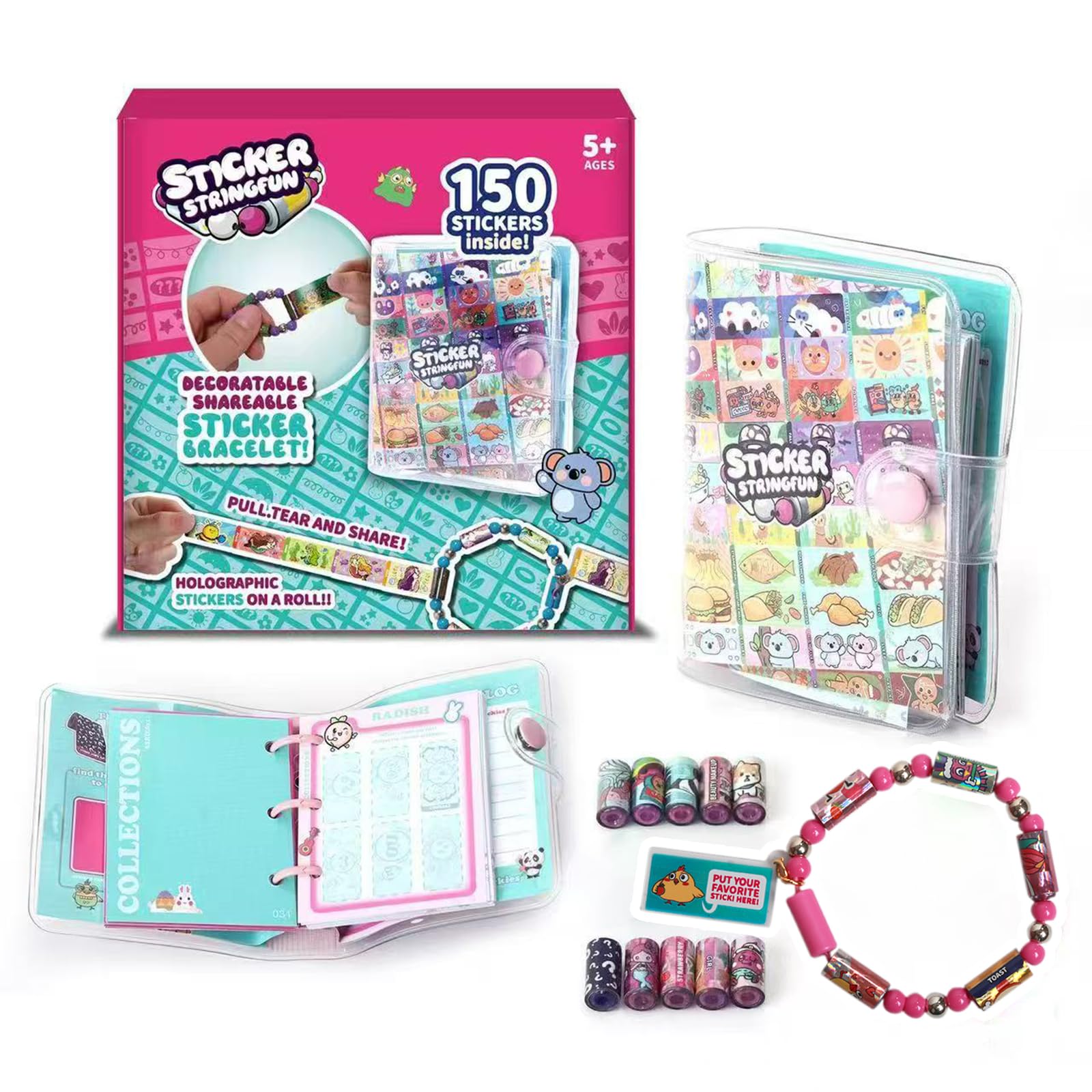 Jreiiolk Sticky Rolls Bracelet Kit - 150 Reusable Stickers & 60 Page Collector Book | Rare Surprise Sticker Roll | Creative Fun Activity for Kids 5-12 | DIY Gifts for Girls Boys | Teacher Party Gifts