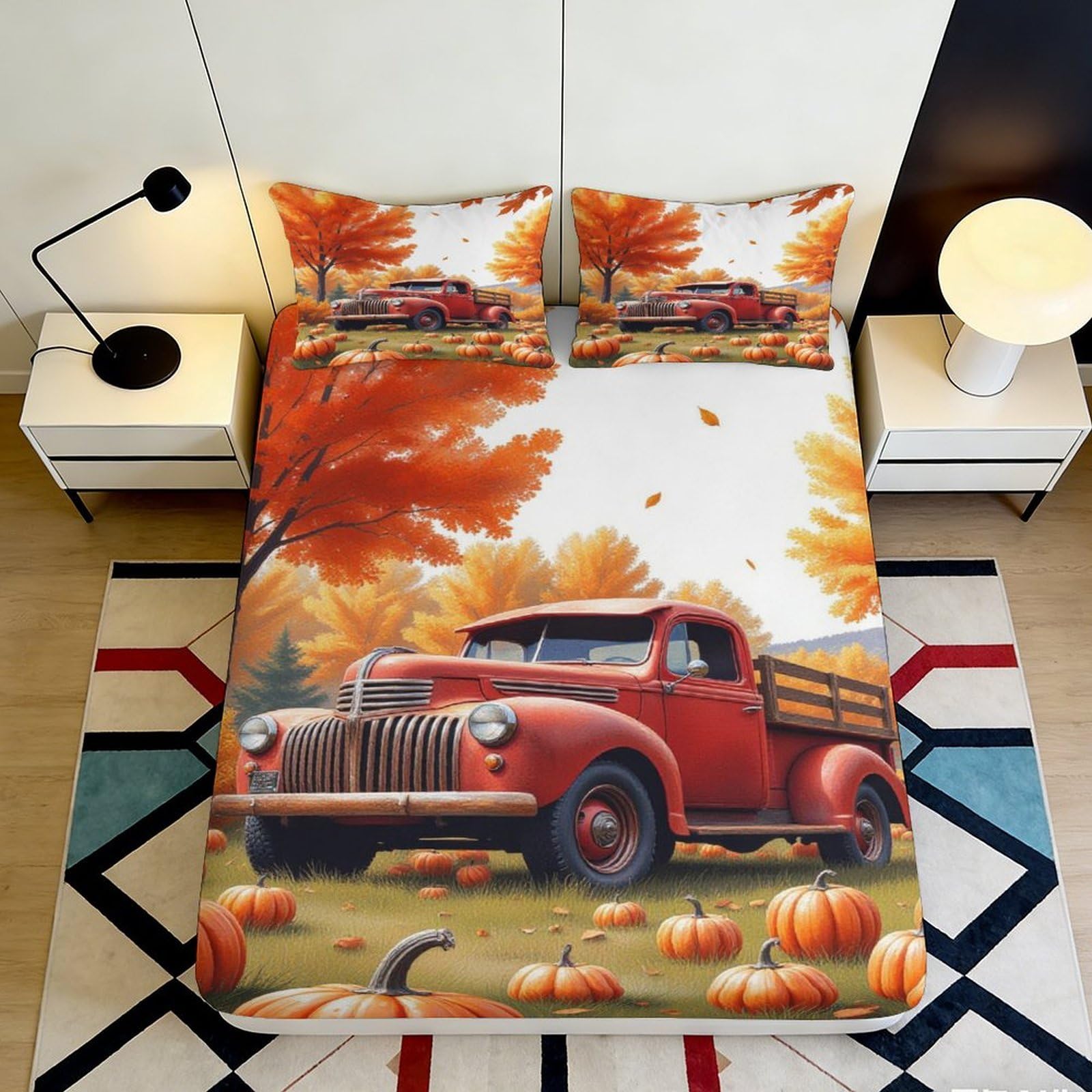 Pnayamiorkfel Style-3 3D Printed Red Vintage Truck Fitted Sheet Microfiber Autumn Pumpkin Bed Cover For Bedroom Guest Room Decor 90X200x25cm