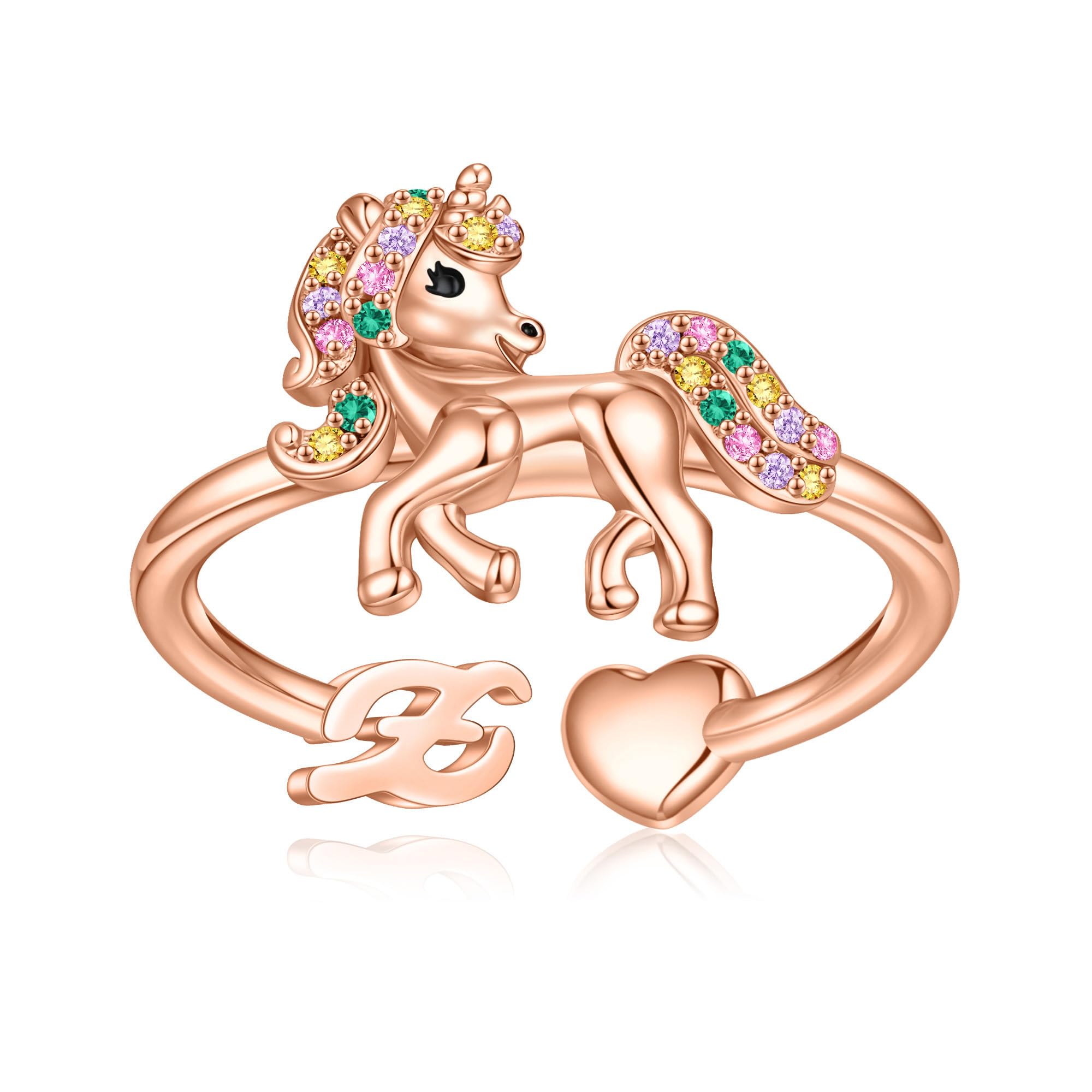 Unicorn Initial Rings for Teen Girls, Rose Gold/White Gold Plated Heart Initial Rings for Girls Adjustable Stackable Rings for Women Diny Heart Ring for Teen Girls Gifts Unicorns Gifts for Girls