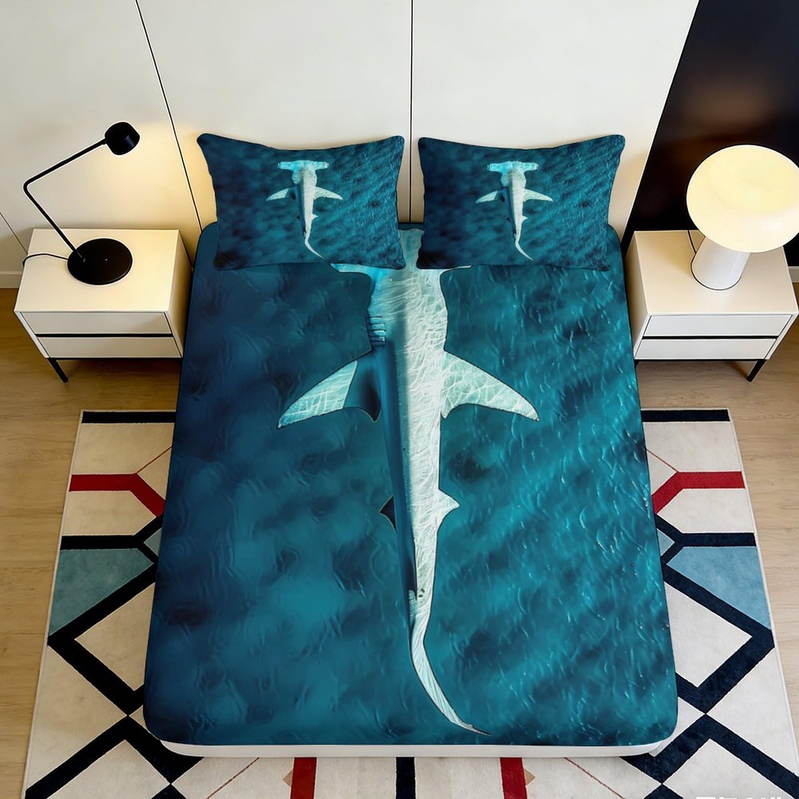3D Printed Shark Ocean Fitted Sheet Microfiber Soft Anti-Slip Blue Sea Mattress Cover for Bedroom Guest Room Decor 120x200x25cm