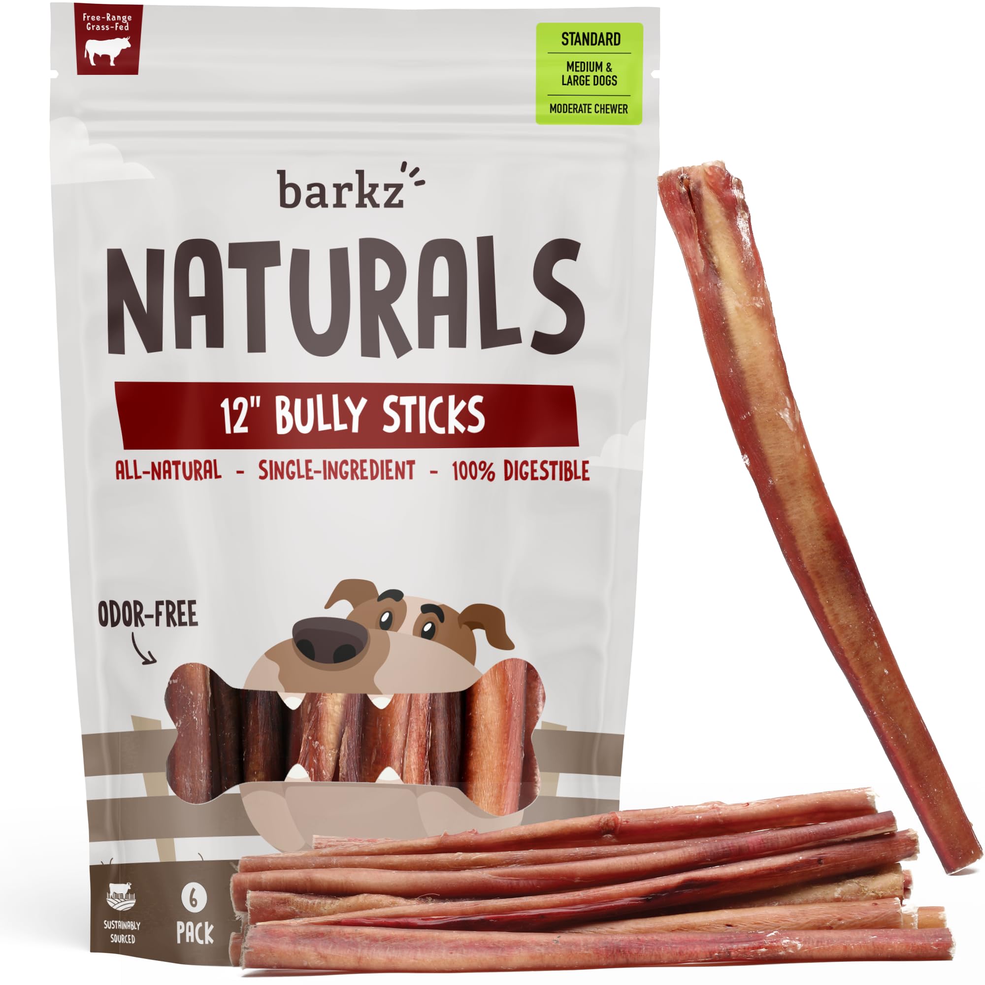 Barkz Naturals 12 inch odor free bully sticks 6 pack