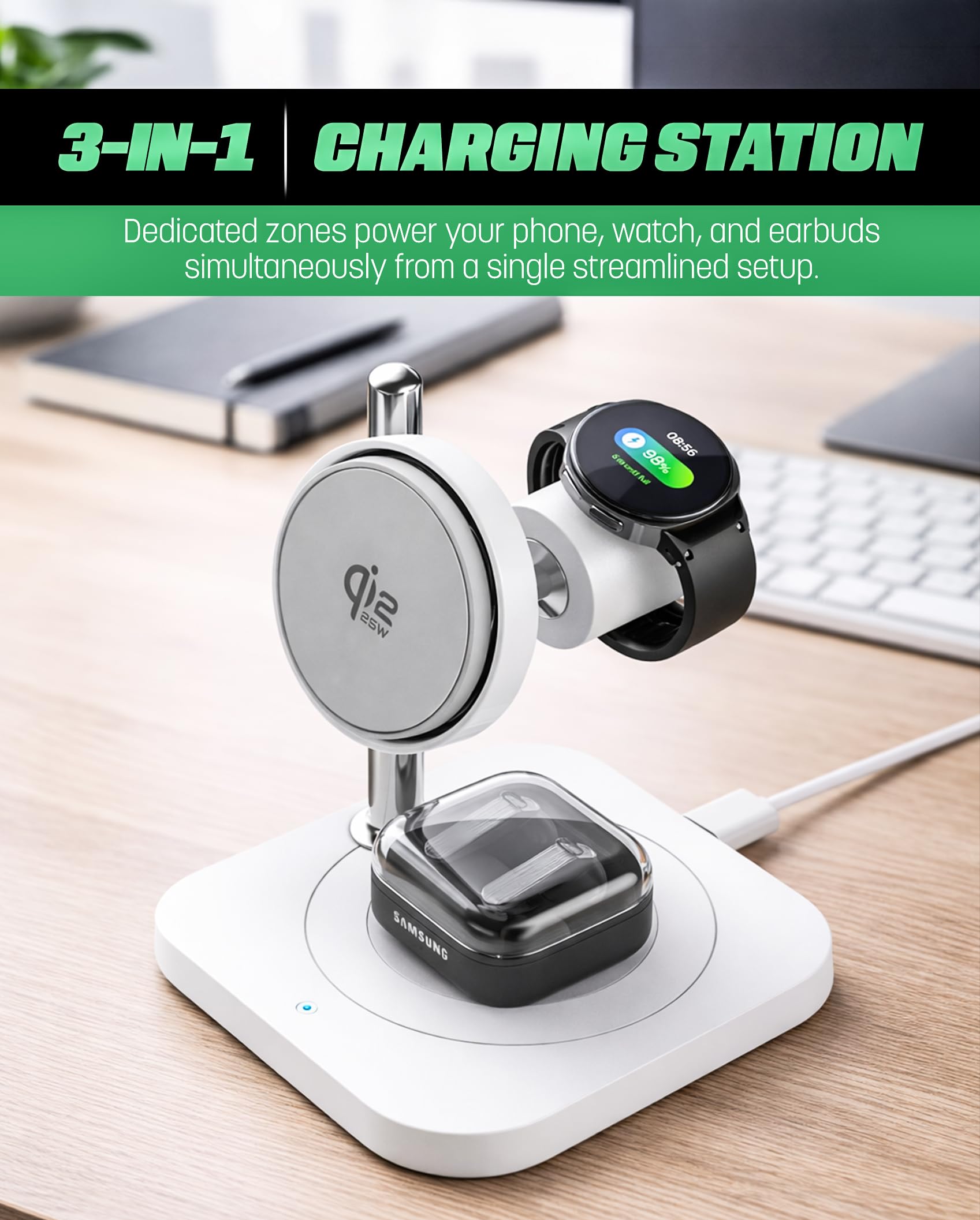 Stazione di ricarica wireless 3 in 1 certificata Qi2.2 (25 W) per Samsung, supporto magnetico per smartphone, Galaxy Watch e auricolari, compatibile con MagSafe, raffreddamento attivo, adattatore da