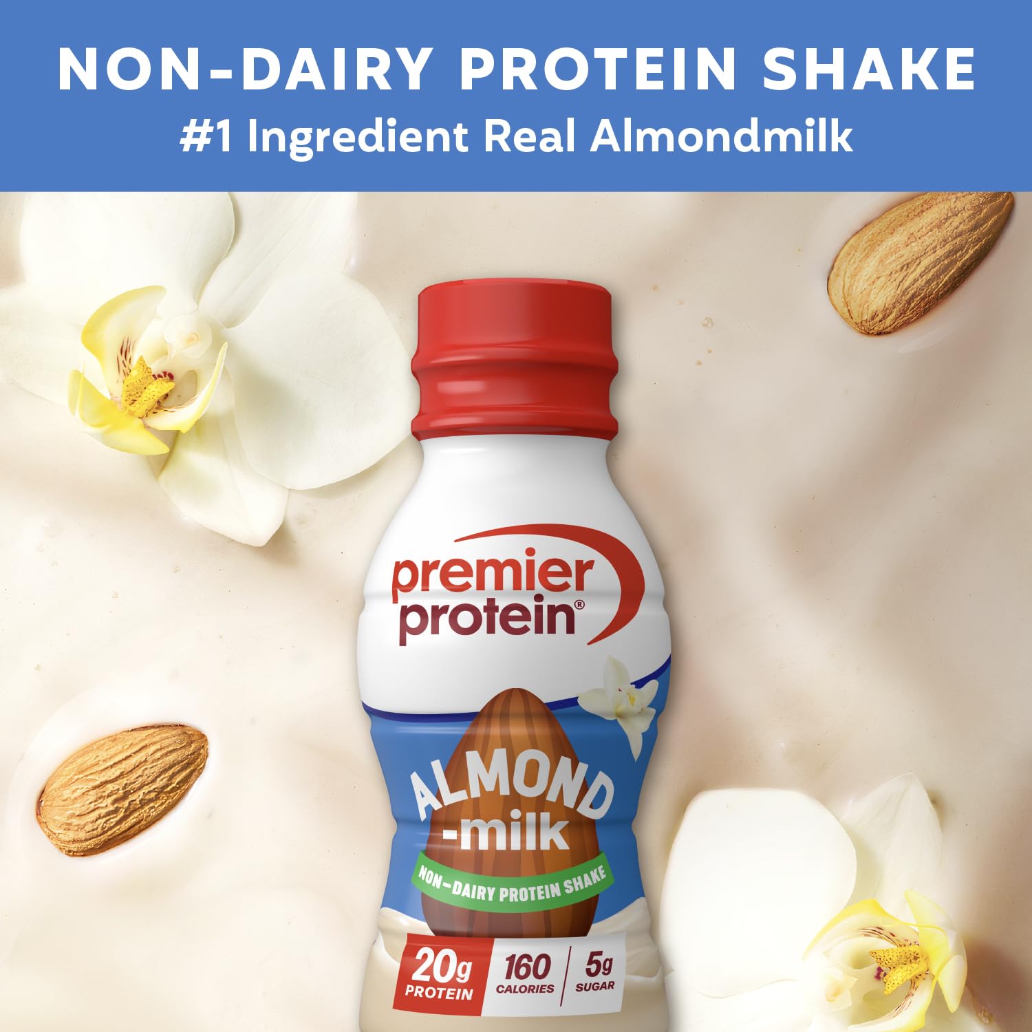 Premier Protein Almondmilk Plant Based Protein Shake, 20g Protein, 5g Sugar, 11.5 Fl oz, Vanilla, 12 Count