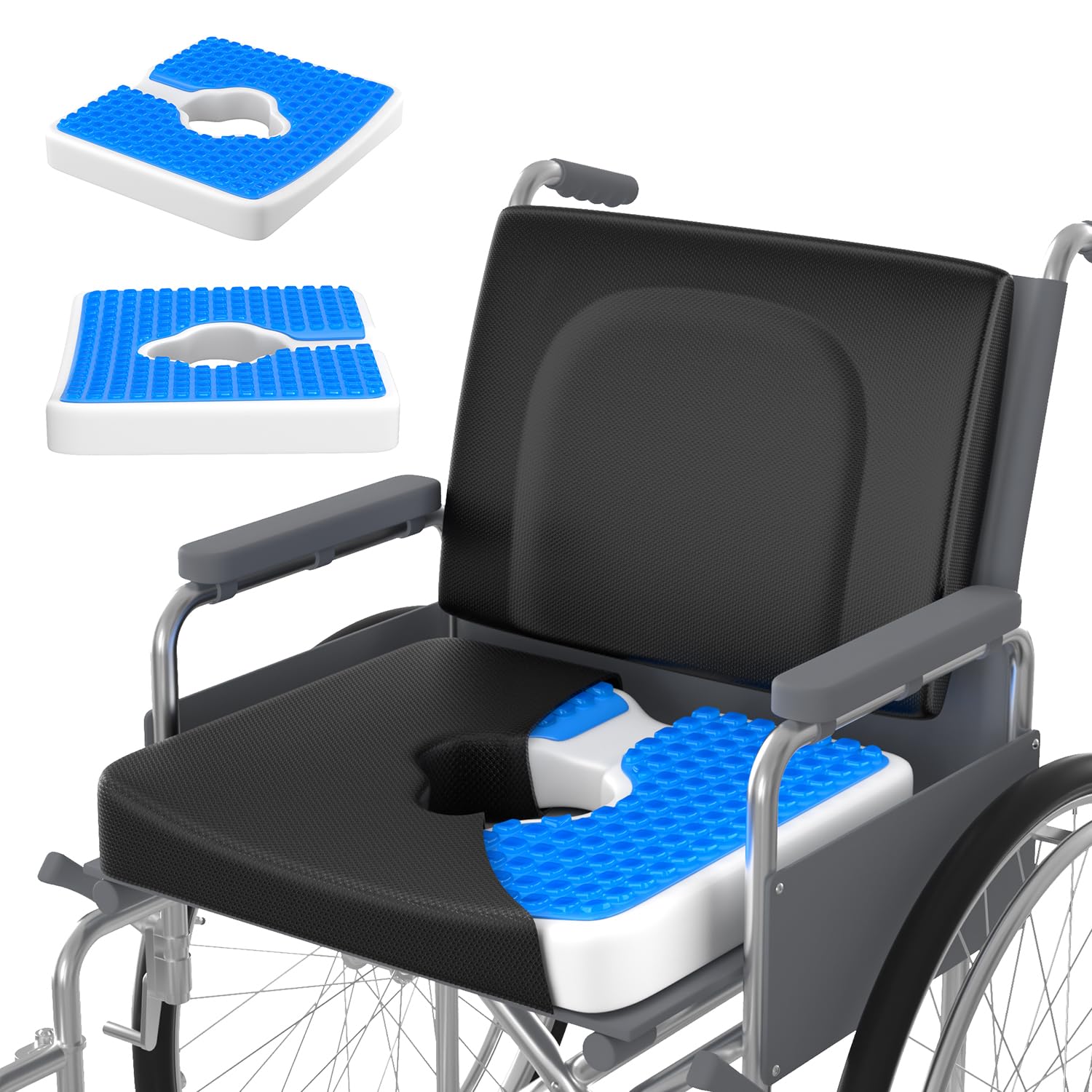 Bed Sore Wheelchair Cushions, 2-Piece Set - Wheelchair Lumbar Pillow,Gel Seat Cushion, 18”x16” for Sciatica, Back & Coccyx Pain，Bedsore Pressure