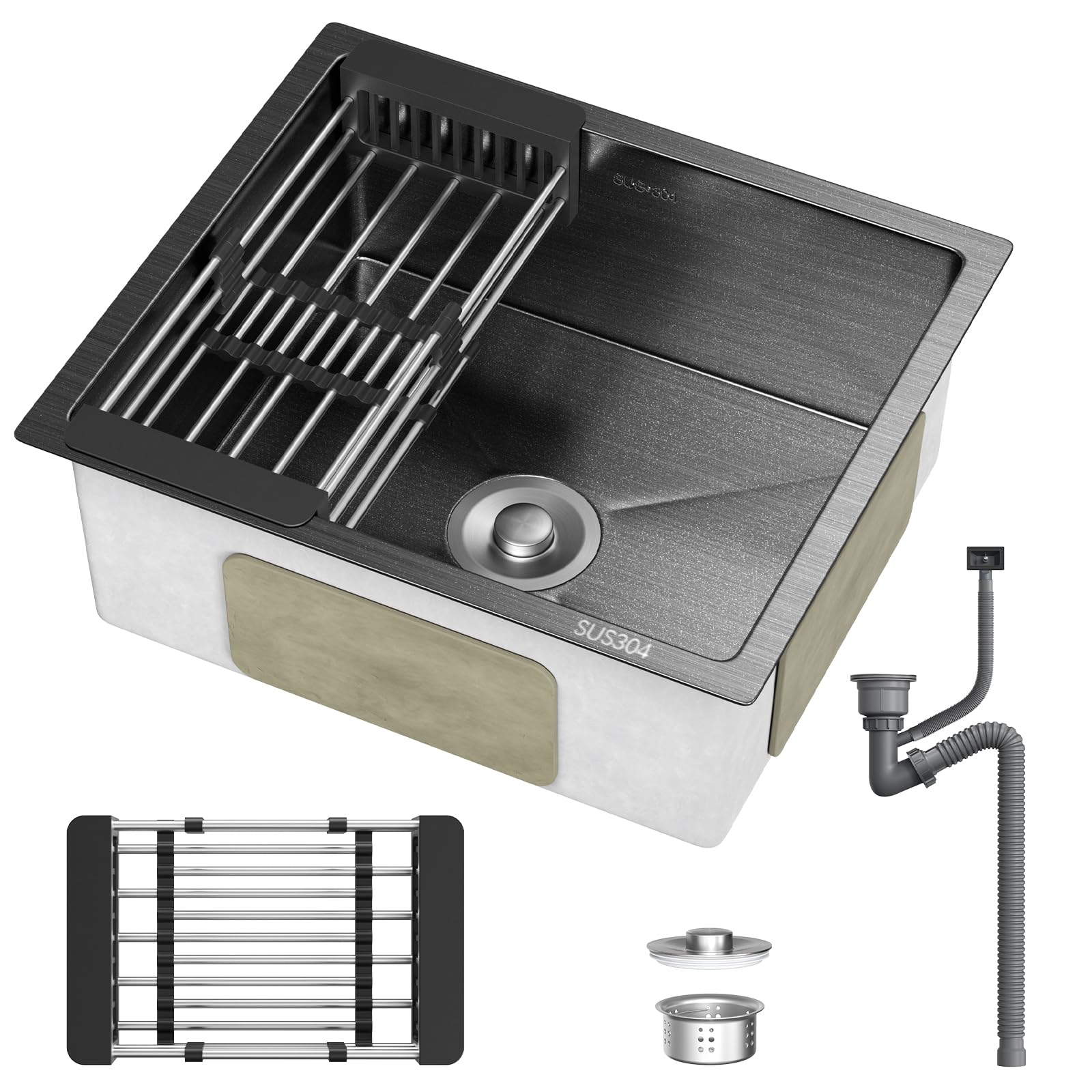 Fregadero de cocina de 50 x 43 cm, con kit de residuos, tubo de drenaje, cesta escurridora extraíble, estación de trabajo de acero inoxidable, apto para cocina, baño, caravana o viajes
