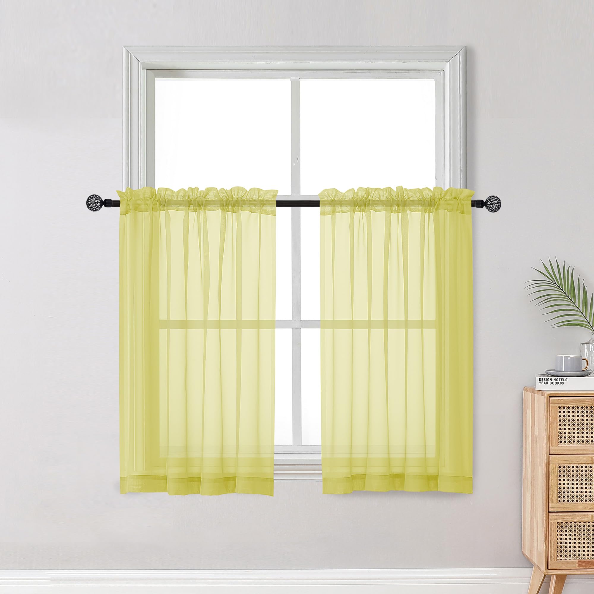 OWENIE Short Lemon Sheer Curtains 36 Inch Length 2 Panels Set, Kitchen Tiers Curtains Light Filter Rod Pocket Voile Cafe Curtain for Basement Bathroom Small Half Window, 42" W x 36" L, Lemon
