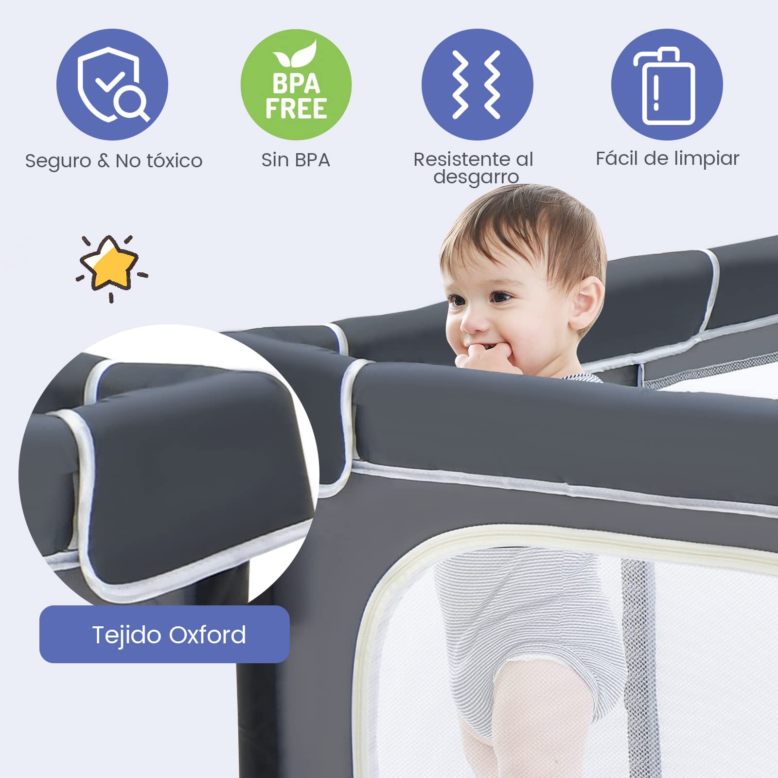 COSTWAY Parque Infantil Bebe Plegable, Parque de Juegos para Bebé, 124x124x70cm, Corralito Bebe con Malla Transpirable y Ventosas Antideslizantes, 50 Bolas, 4 Anillos de Agarre (Gris Oscuro)
