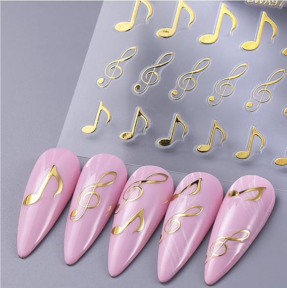 TailaiMei Music Nail Stickers, 3D Gold Black White Design Self-Adhesive Nail Art Decals for DIY Nail Decorations (510)