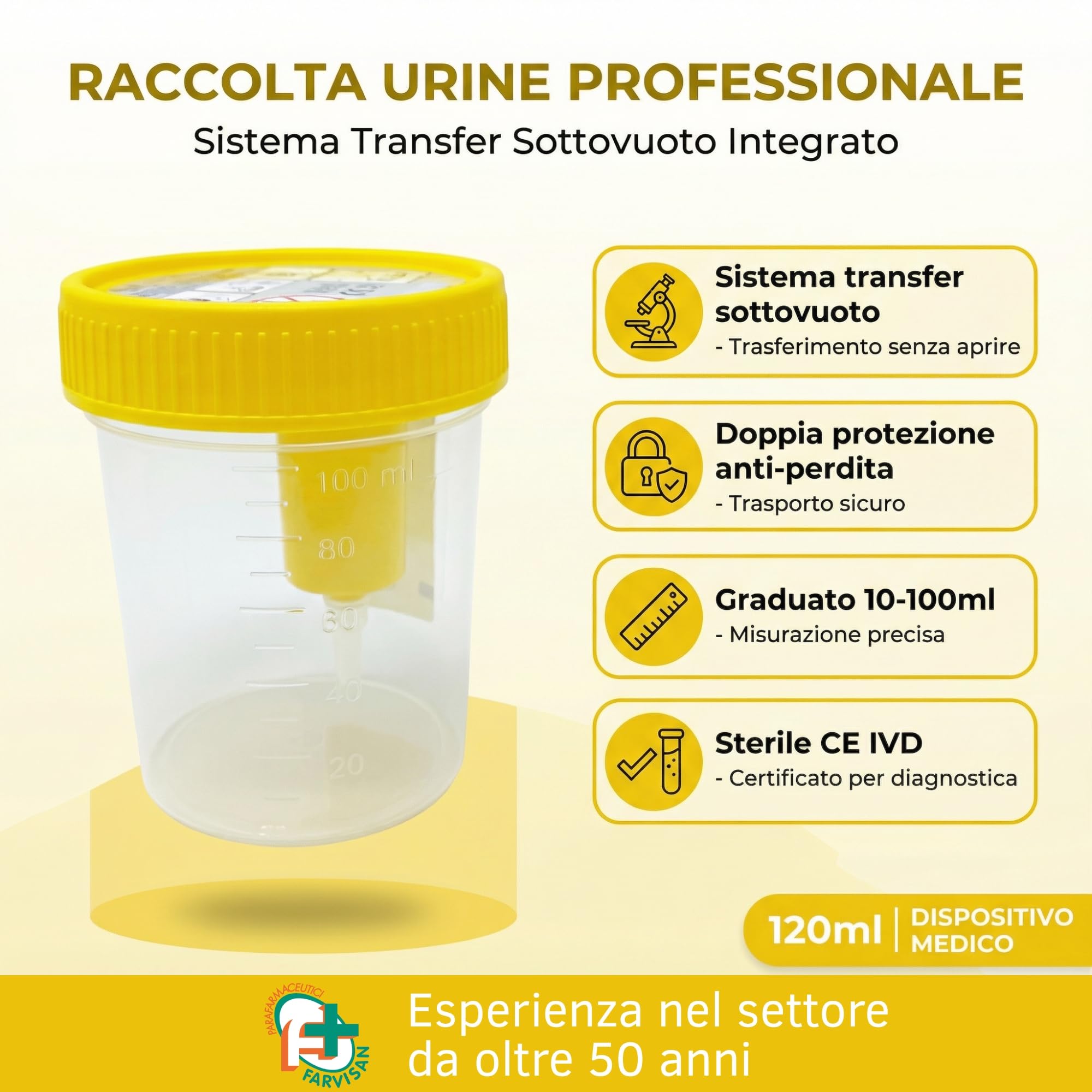 Contenitore Urine per Analisi e Urinocoltura Graduato Dispositivo Medico Farvisan (4 Contenitori Urina)