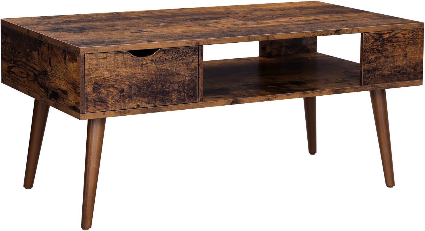VASAGLE LCT028X01 Coffee Table with Storage, Drawer, Open Compartment, Long Legs, for Living Room, Dining Room, 100 x 50 x 45 cm, Rustic Brown