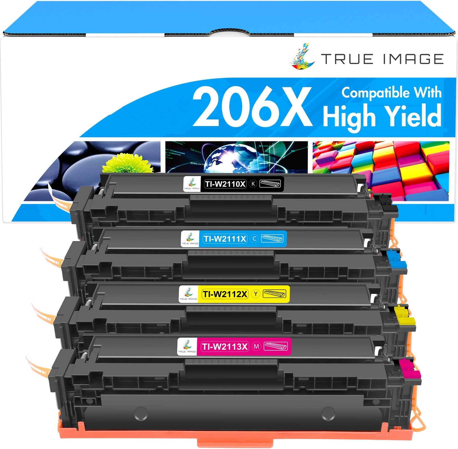 TRUE IMAGE Compatible Toner Cartridges Replacement for HP 206X 206A High Yield for HP Color Pro MFP M283fdw M283cdw M255dw M283 M255 Printer W2110A W2110X (No Chip -Black Cyan Yellow Magenta, 4-Pack)