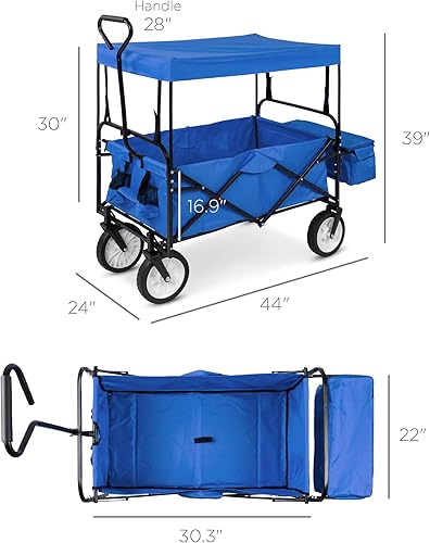 Vista 7 de Best Choice Products - Carrito de carga plegable con toldo extraíble y portavasos; azul.